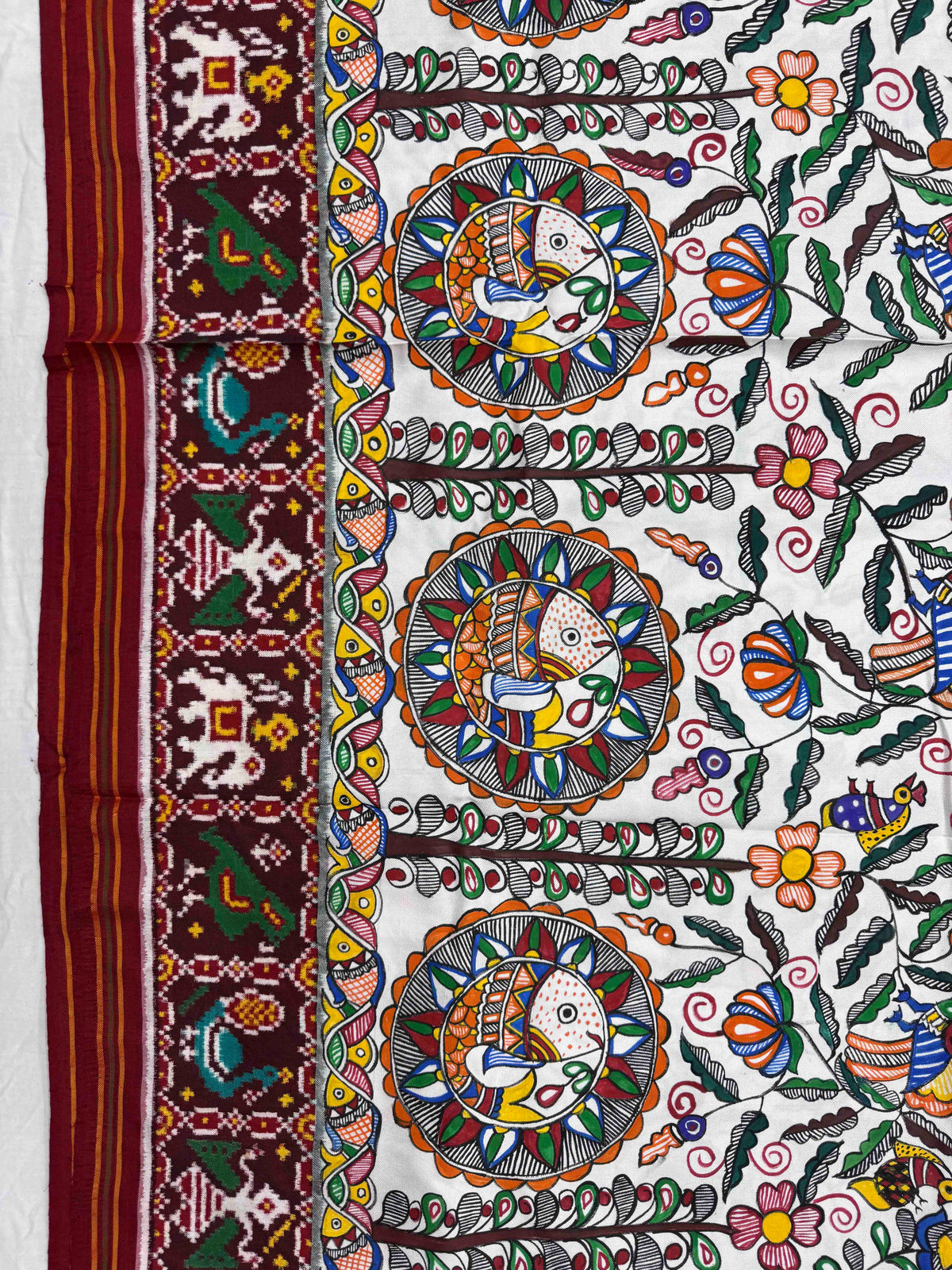 Maroon & White Madhubani Hand Painting with Fusion Design Double Ikat Patan Patola Saree