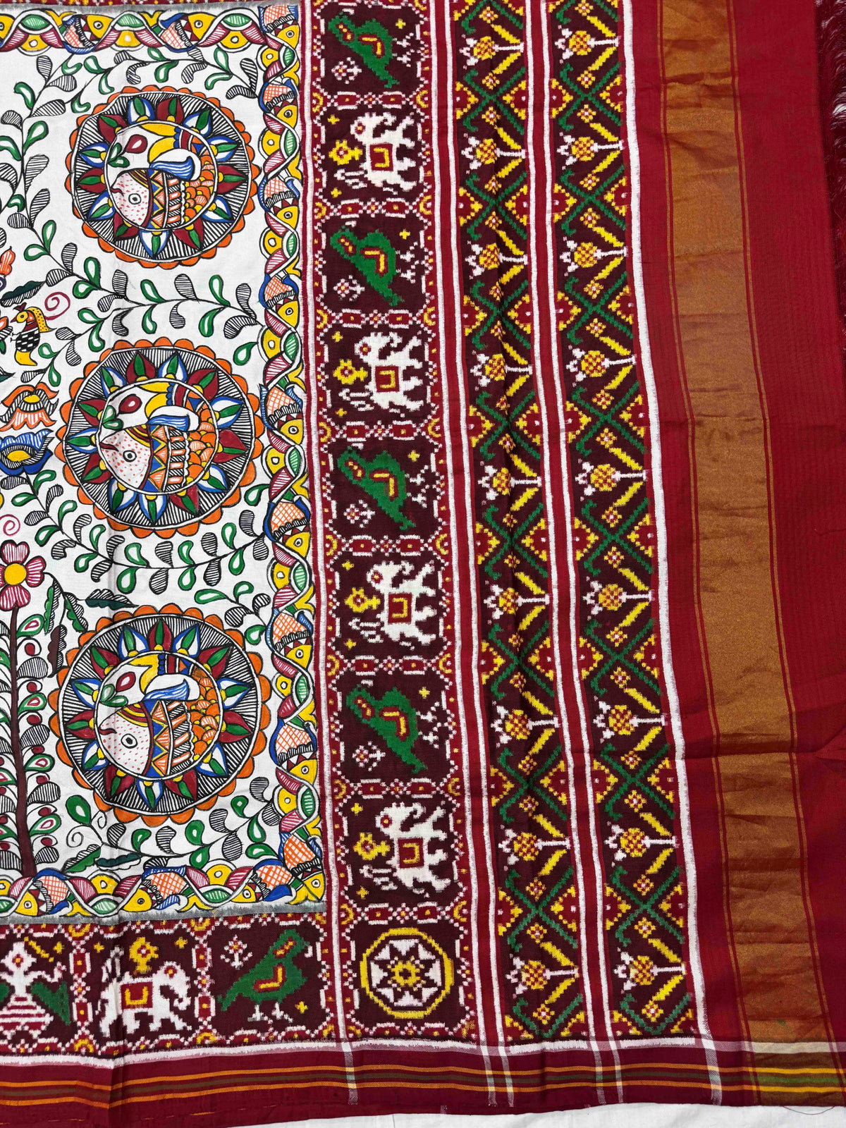 Maroon & White Madhubani Hand Painting with Fusion Design Double Ikat Patan Patola Saree