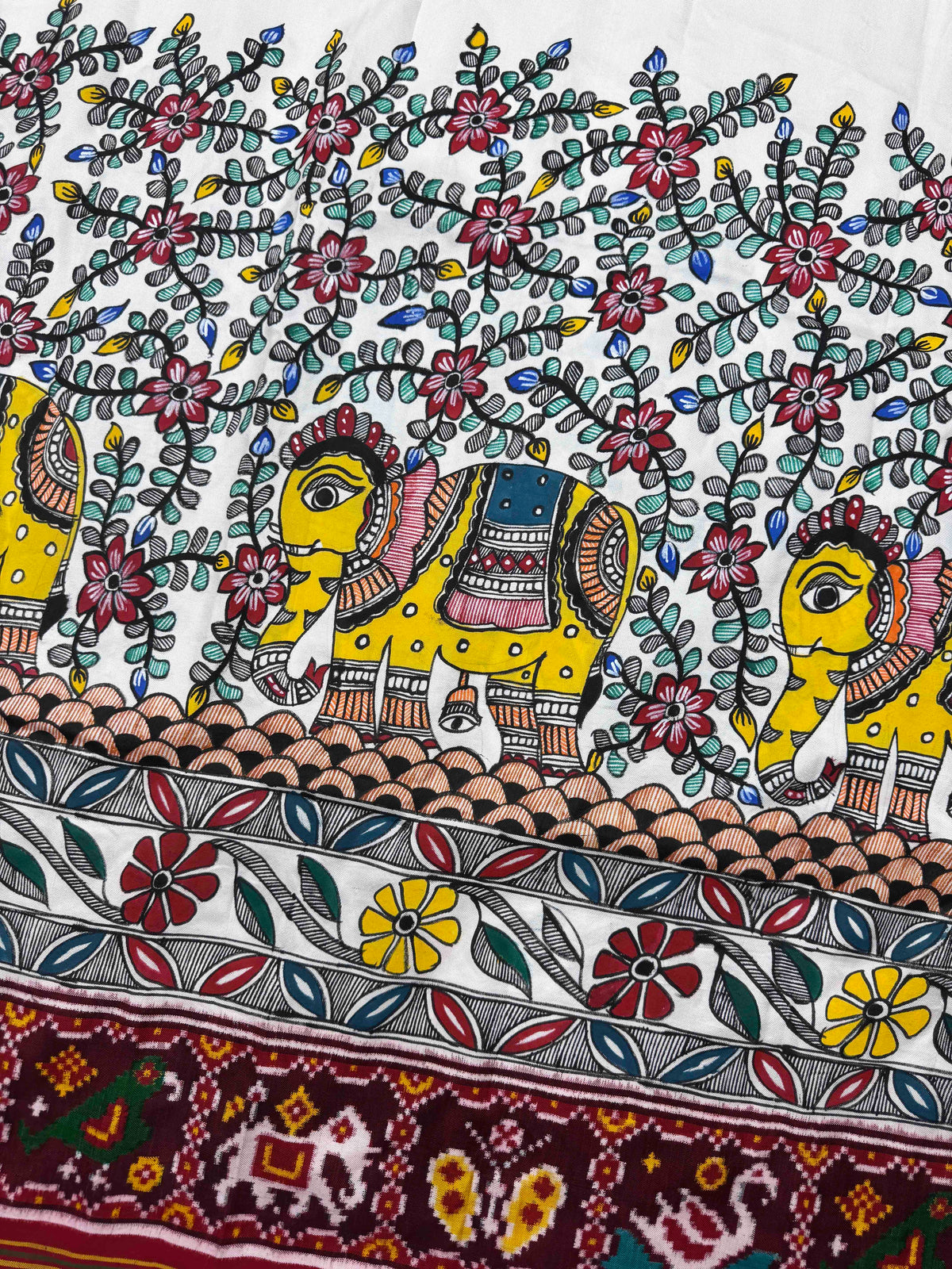 Maroon & White Madhubani Hand Painting with Fusion Design Double Ikat Patan Patola Saree