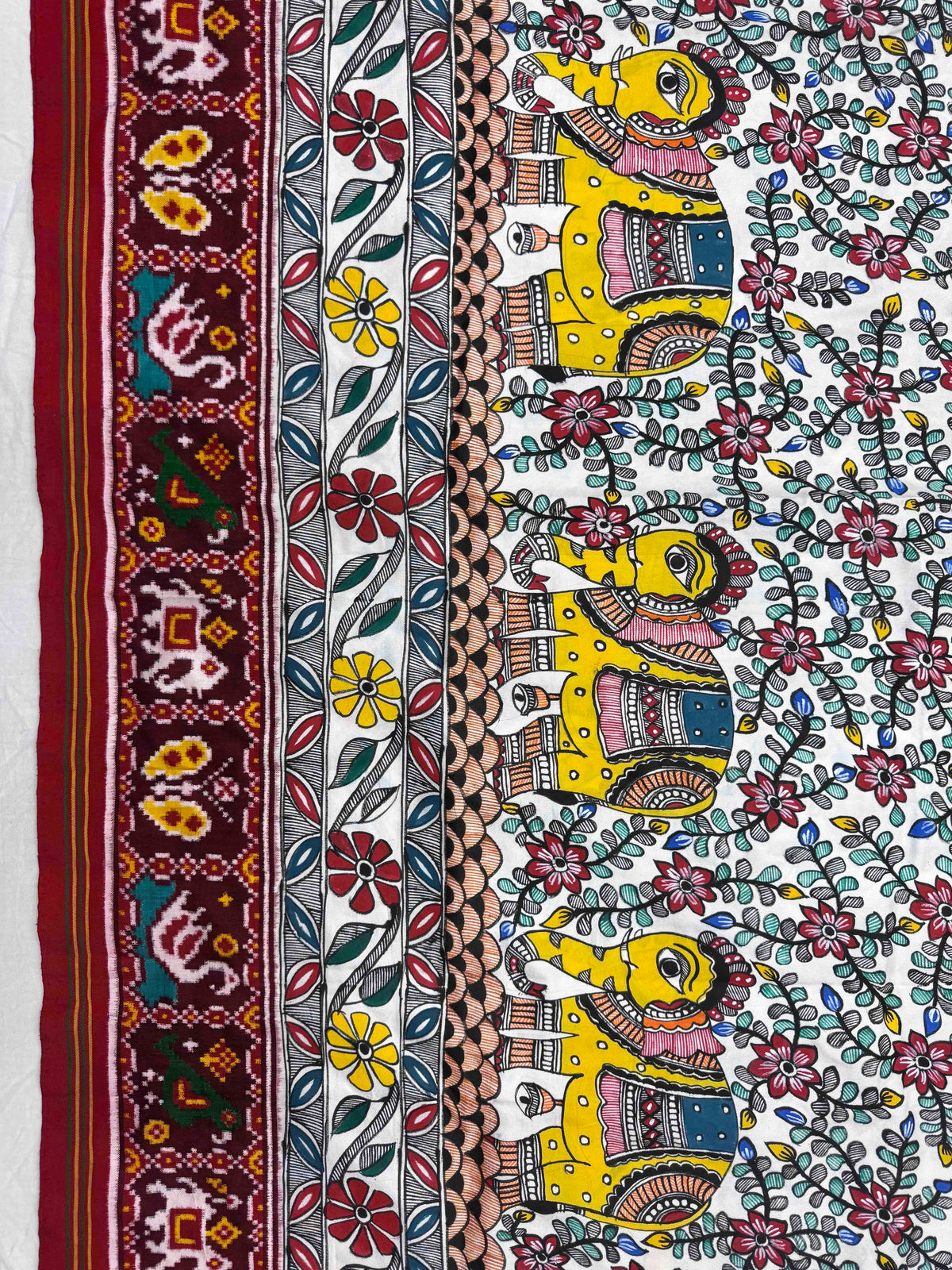Maroon & White Madhubani Hand Painting with Fusion Design Double Ikat Patan Patola Saree