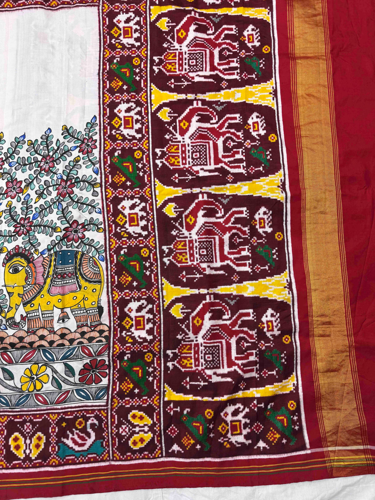 Maroon & White Madhubani Hand Painting with Fusion Design Double Ikat Patan Patola Saree