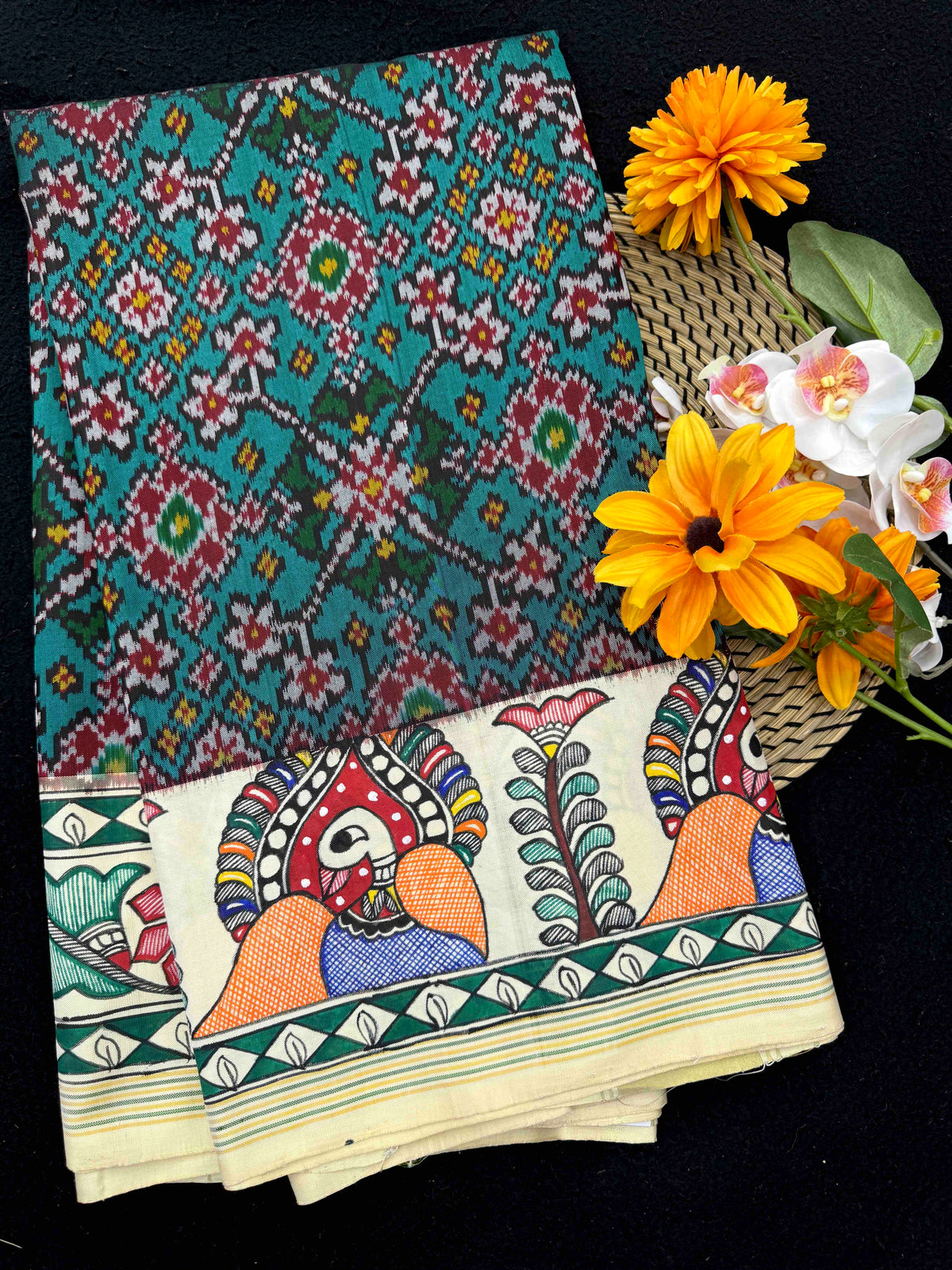 Off White & Turquoise Green Navratan Madhubani Hand Painting with Fusion Design Single Ikat Patan Patola Saree