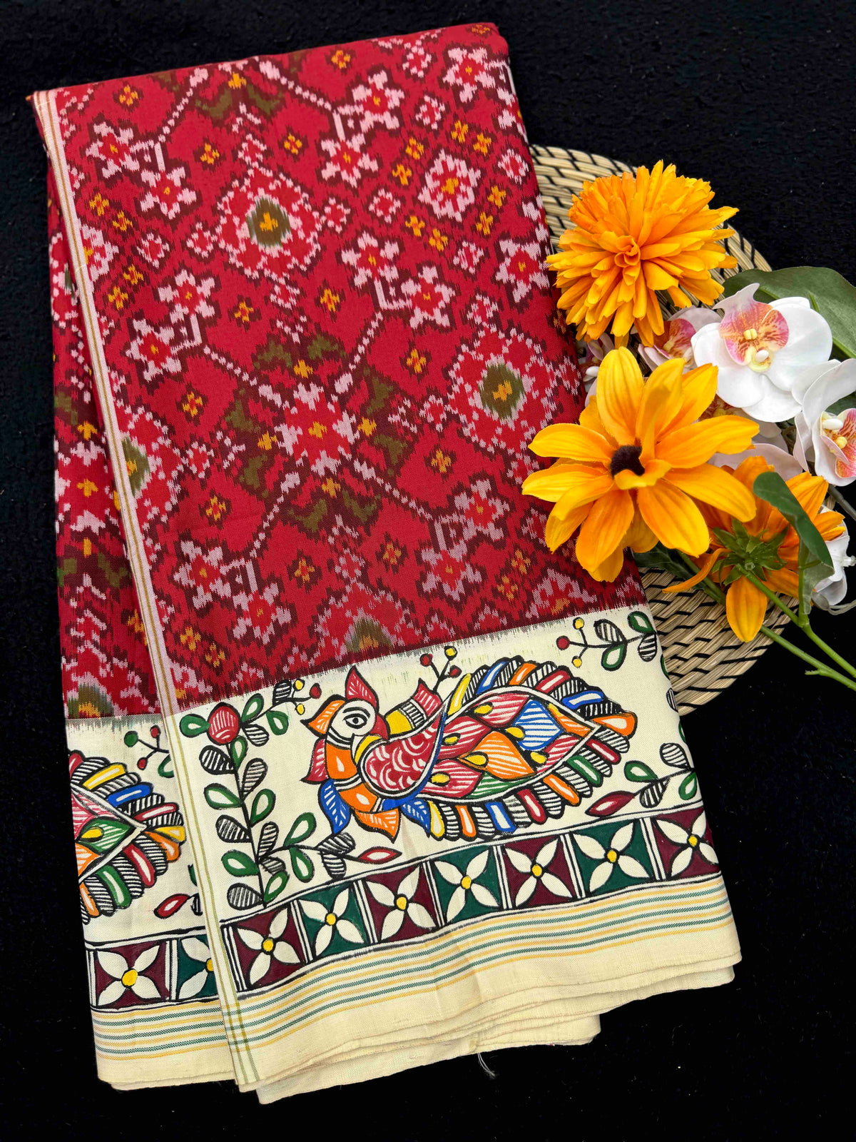 Off White & Red Navratan Madhubani Hand Painting with Fusion Design Single Ikat Patan Patola Saree