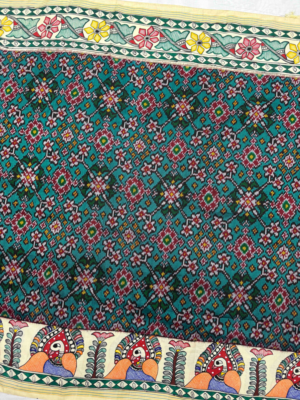 Off White & Turquoise Green Navratan Madhubani Hand Painting with Fusion Design Single Ikat Patan Patola Saree