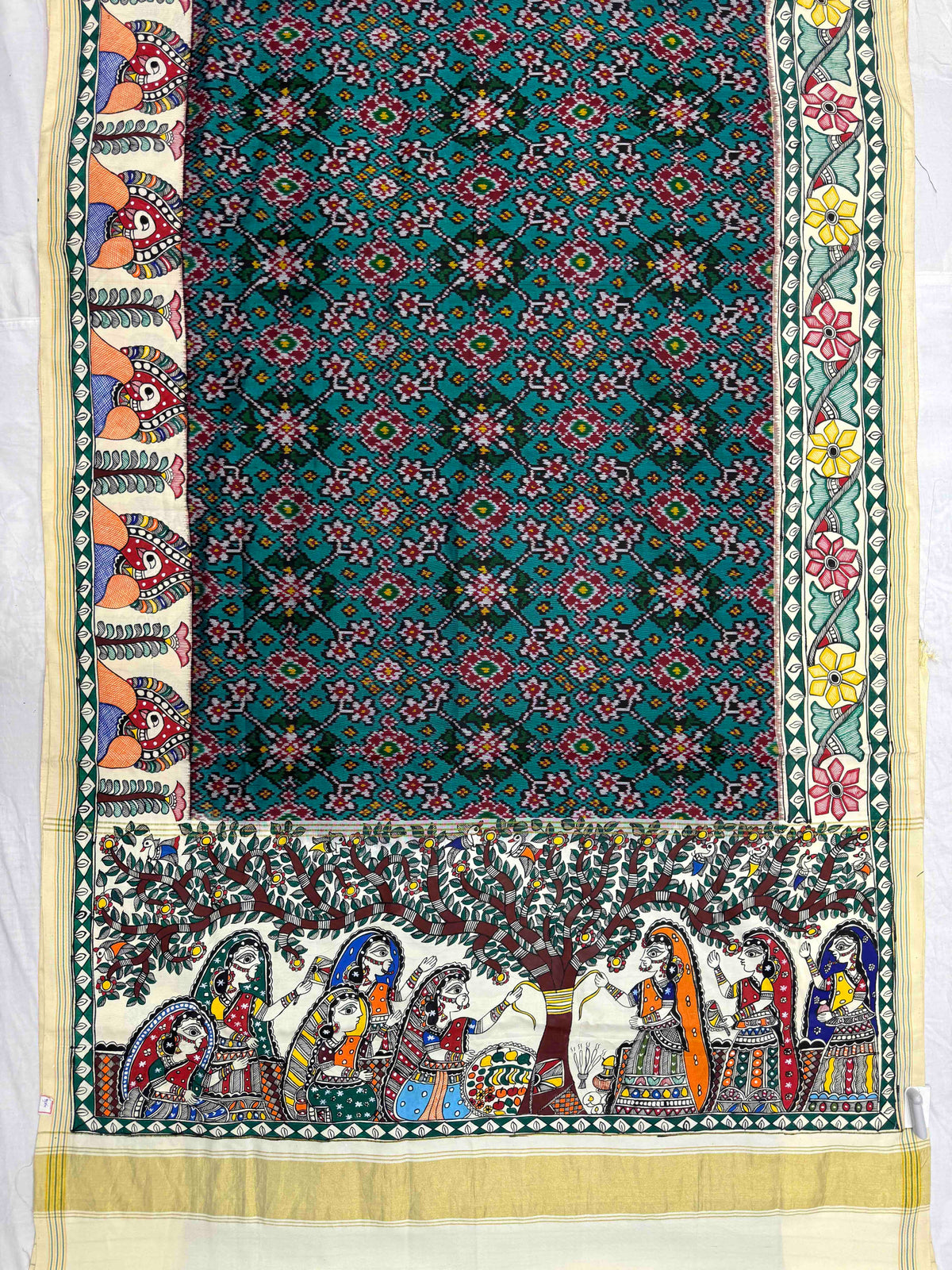 Off White & Turquoise Green Navratan Madhubani Hand Painting with Fusion Design Single Ikat Patan Patola Saree