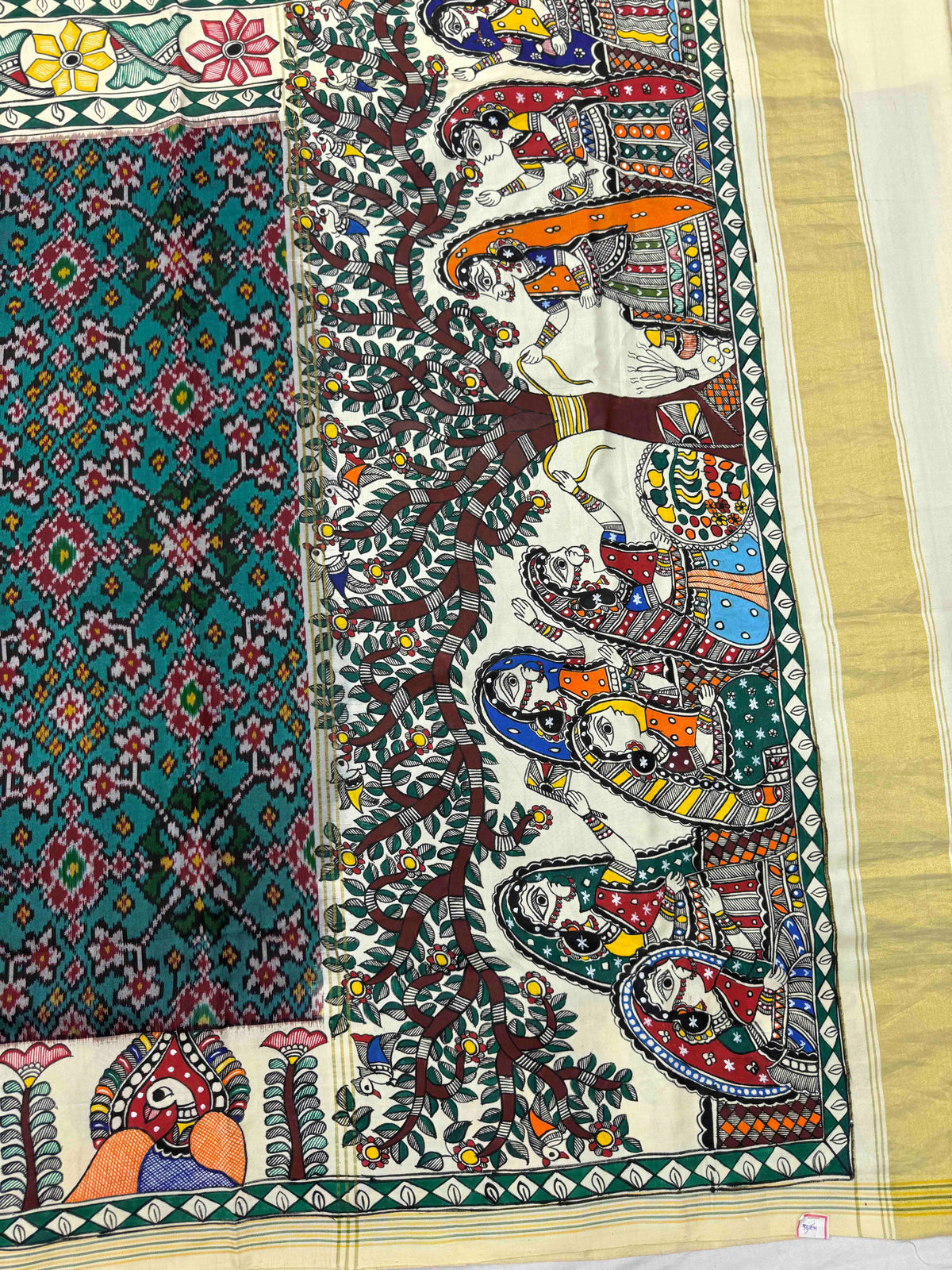Off White & Turquoise Green Navratan Madhubani Hand Painting with Fusion Design Single Ikat Patan Patola Saree