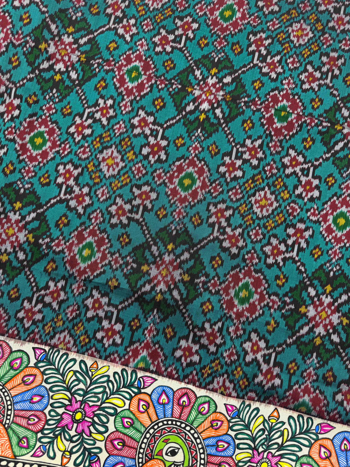 Off White & Turquoise Green Navratan Madhubani Hand Painting with Fusion Design Single Ikat Patan Patola Saree