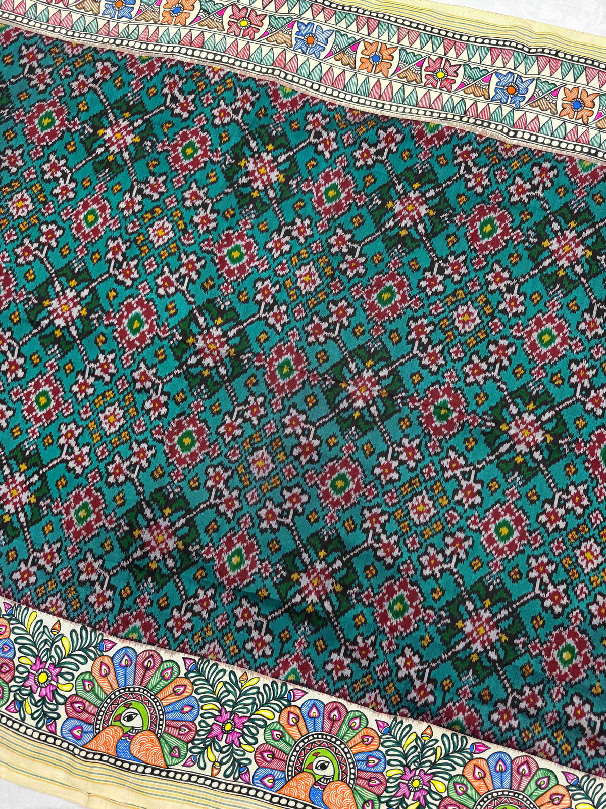 Off White & Turquoise Green Navratan Madhubani Hand Painting with Fusion Design Single Ikat Patan Patola Saree