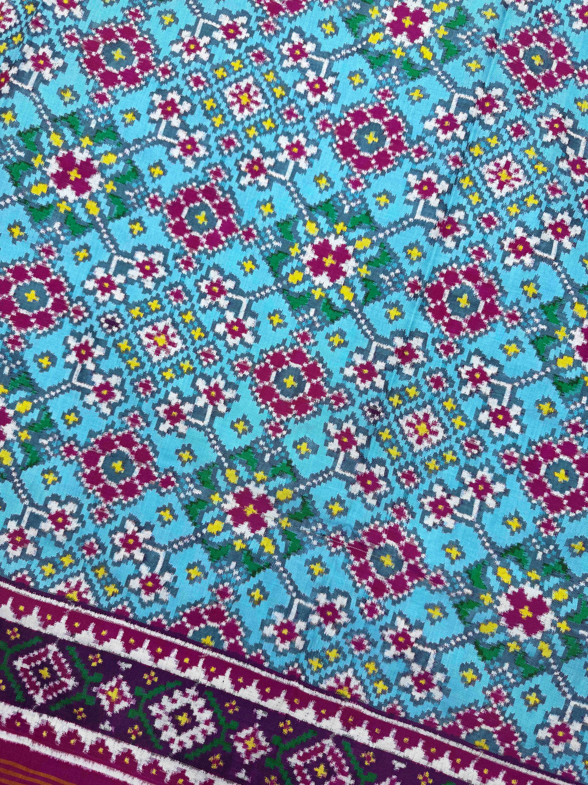Pink & Light Sky Blue Navratan Double Ikat Patan Patola Saree