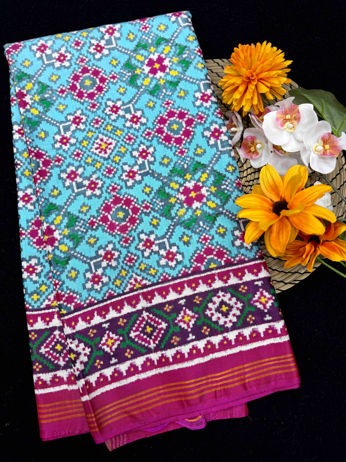 Pink & Light Sky Blue Navratan Double Ikat Patan Patola Saree
