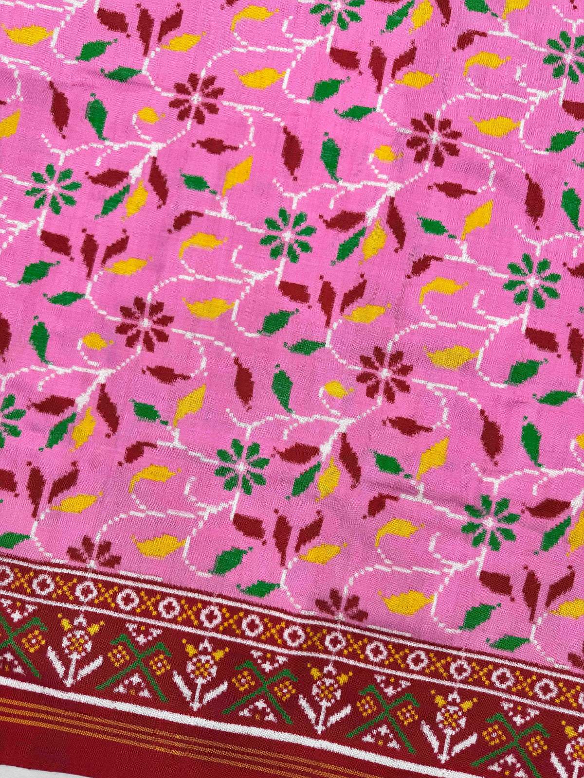 Red & Light Pink Fancy Leaves Double Ikat Patan Patola Saree