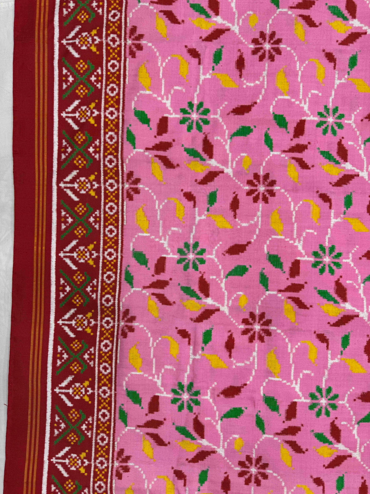 Red & Light Pink Fancy Leaves Double Ikat Patan Patola Saree