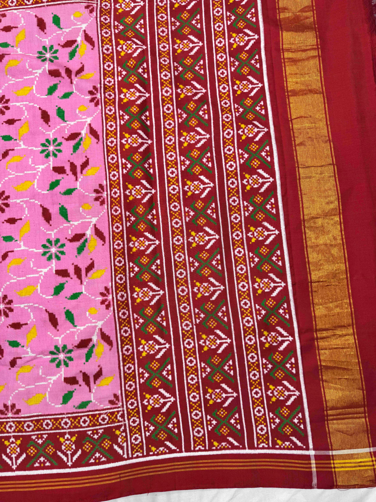 Red & Light Pink Fancy Leaves Double Ikat Patan Patola Saree