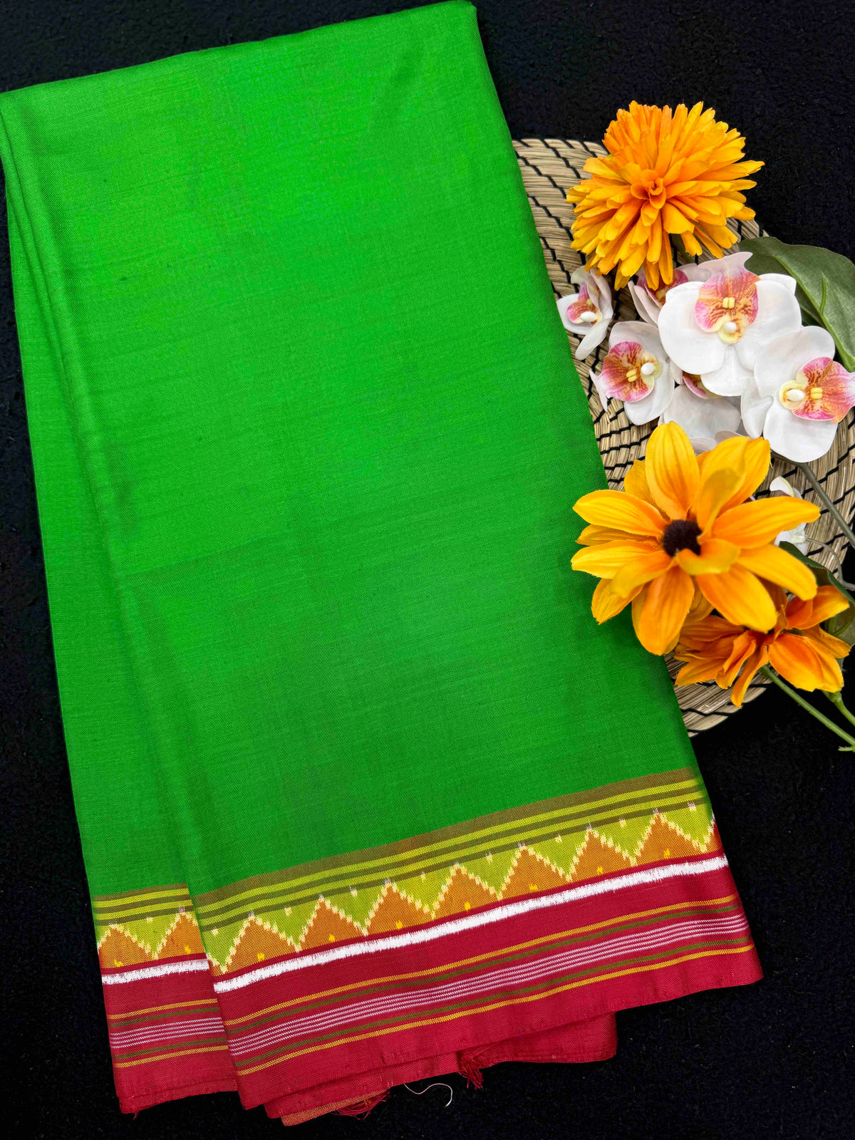 Red & Green Plain Double Ikat Patan Patola Saree