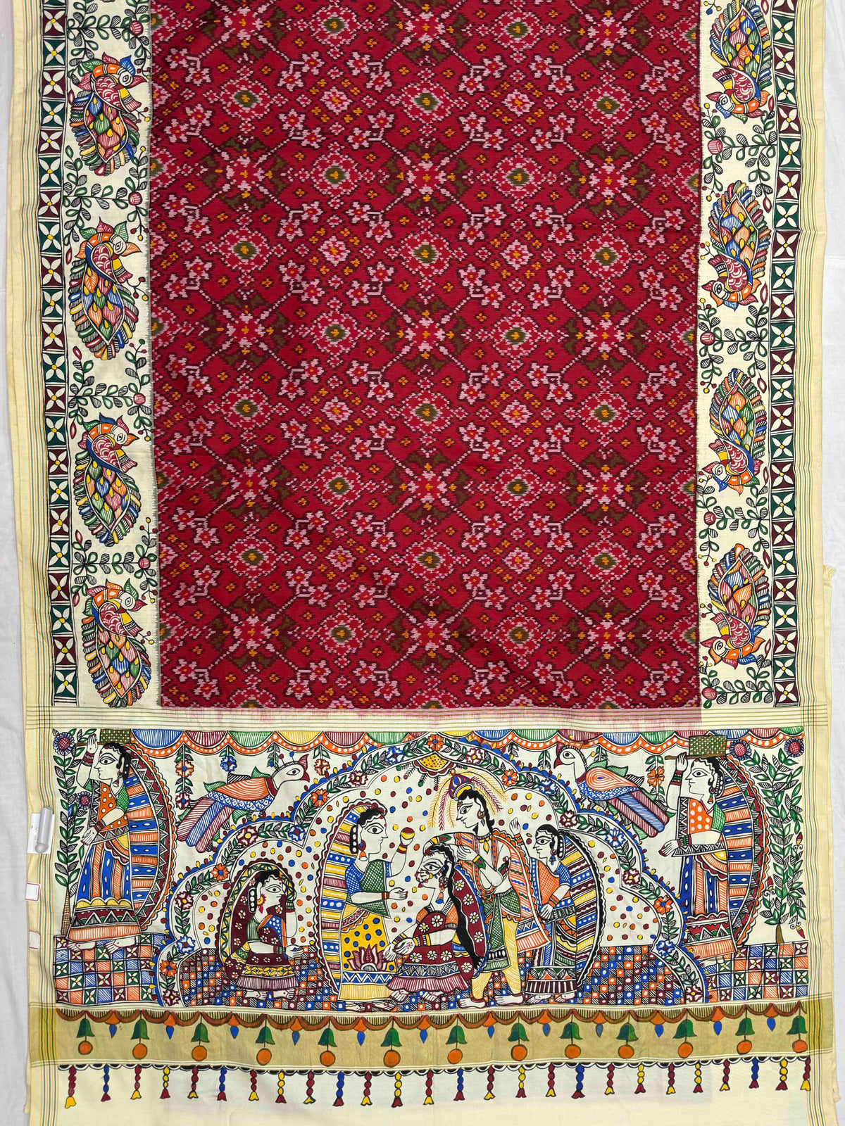 Off White & Red Navratan Madhubani Hand Painting with Fusion Design Single Ikat Patan Patola Saree