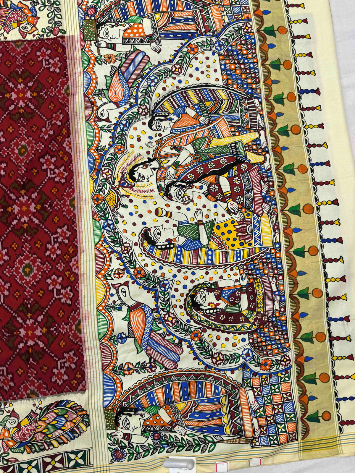 Off White & Red Navratan Madhubani Hand Painting with Fusion Design Single Ikat Patan Patola Saree