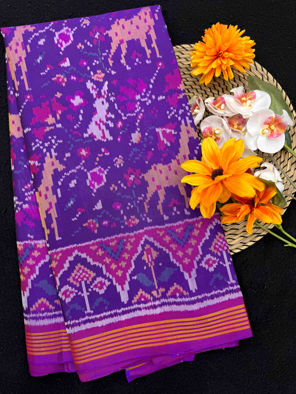 Purple Fancy Flower Deer Rabbit Single Ikat Patan Patola Saree