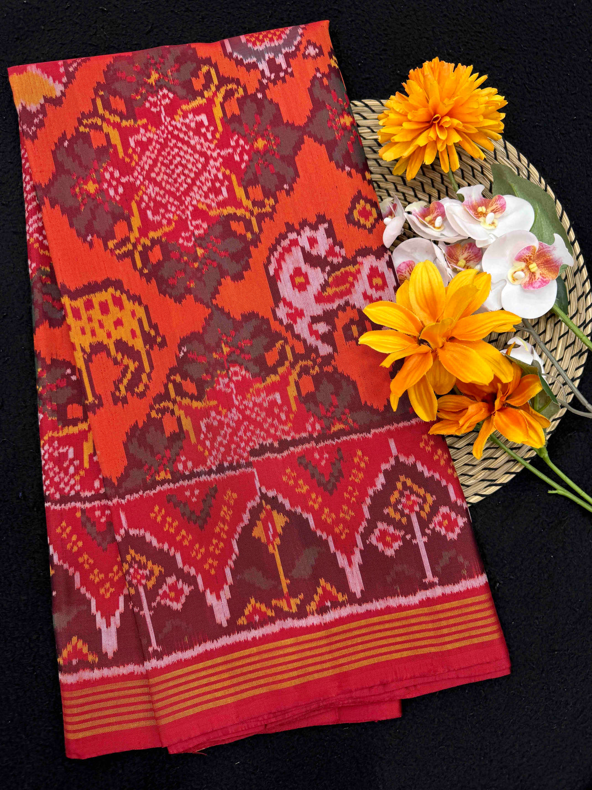 Red & Orange Fancy Narikunj Flower Single Ikat Patan Patola Saree