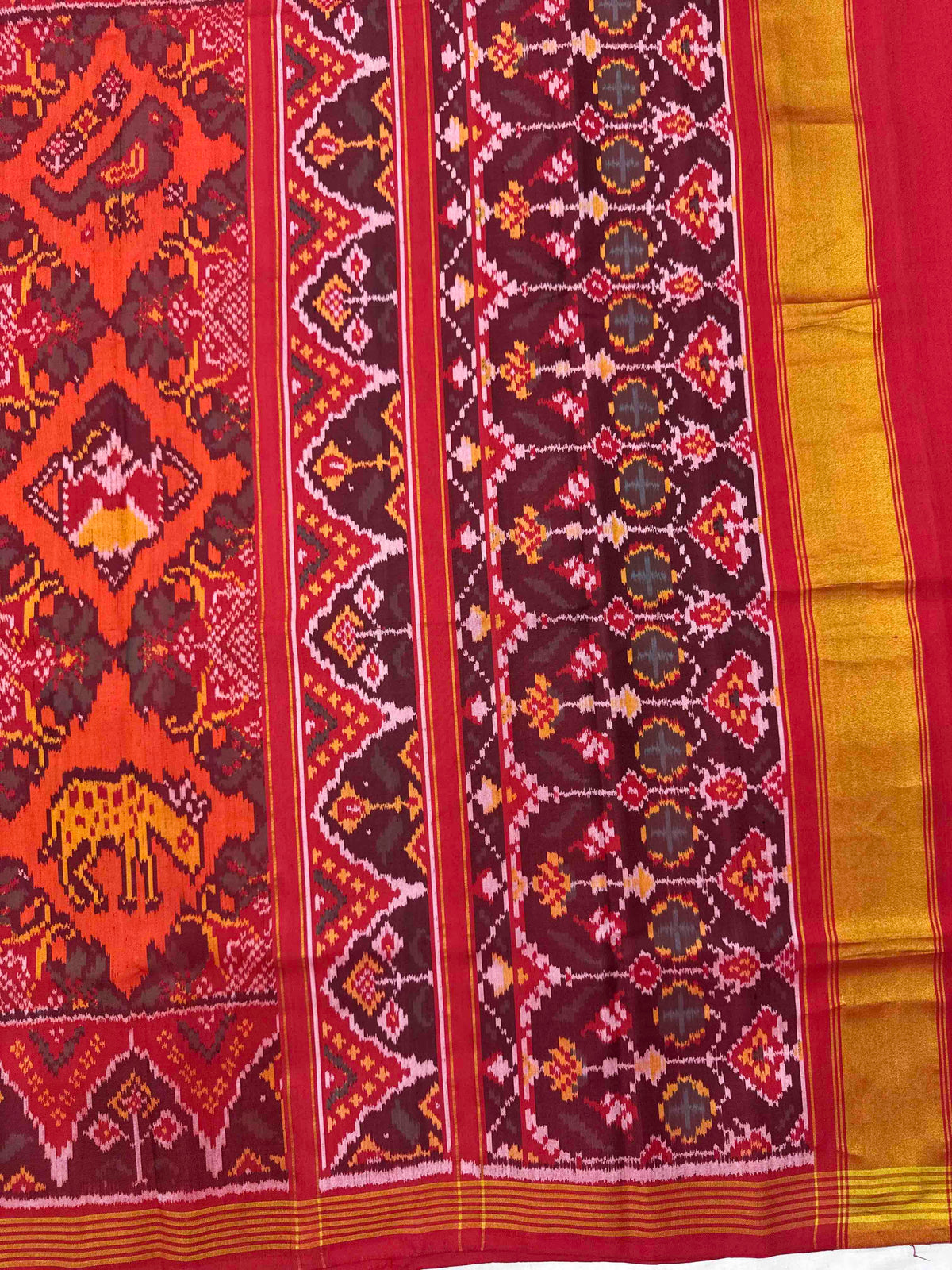 Red & Orange Fancy Narikunj Flower Single Ikat Patan Patola Saree