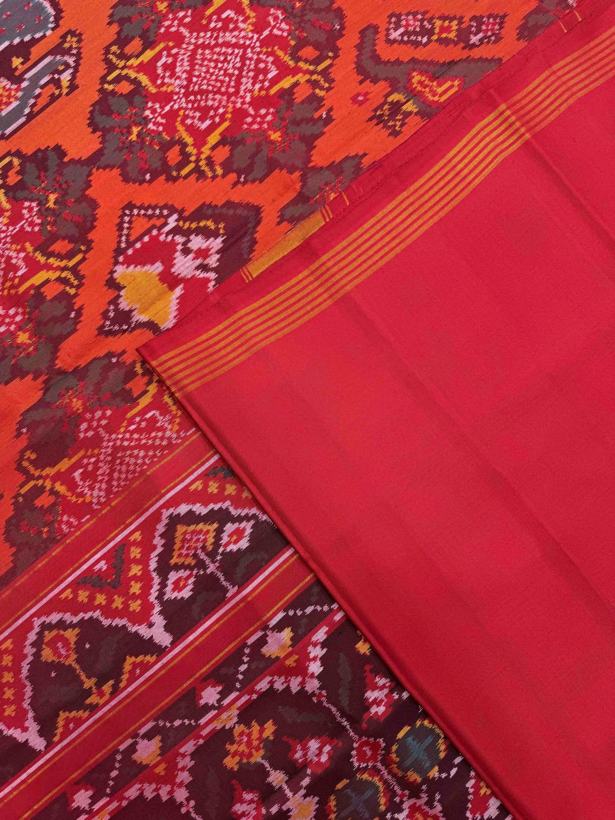 Red & Orange Fancy Narikunj Flower Single Ikat Patan Patola Saree