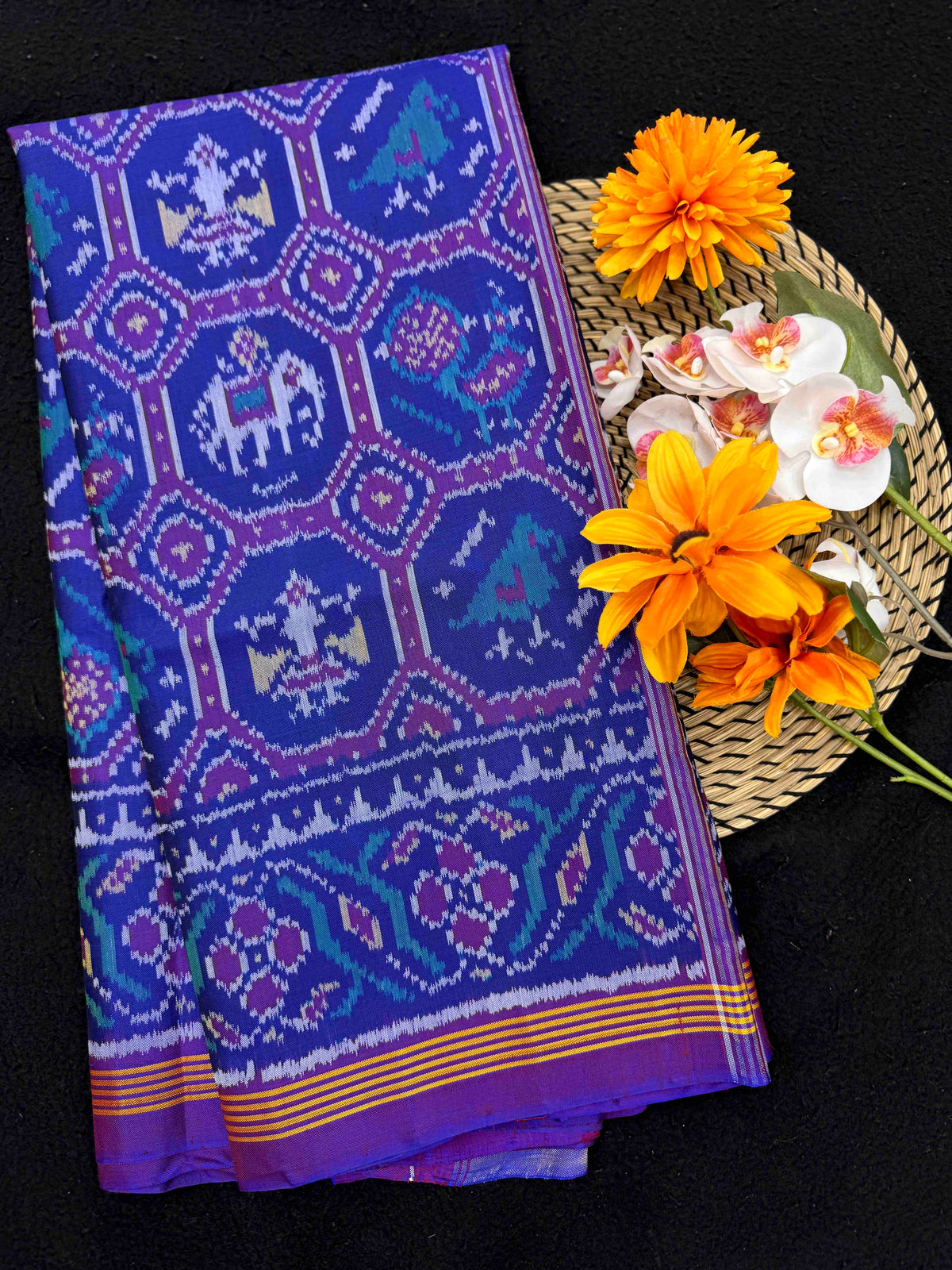 Purple Blue Small Narikunj Single Ikat Patan Patola Saree