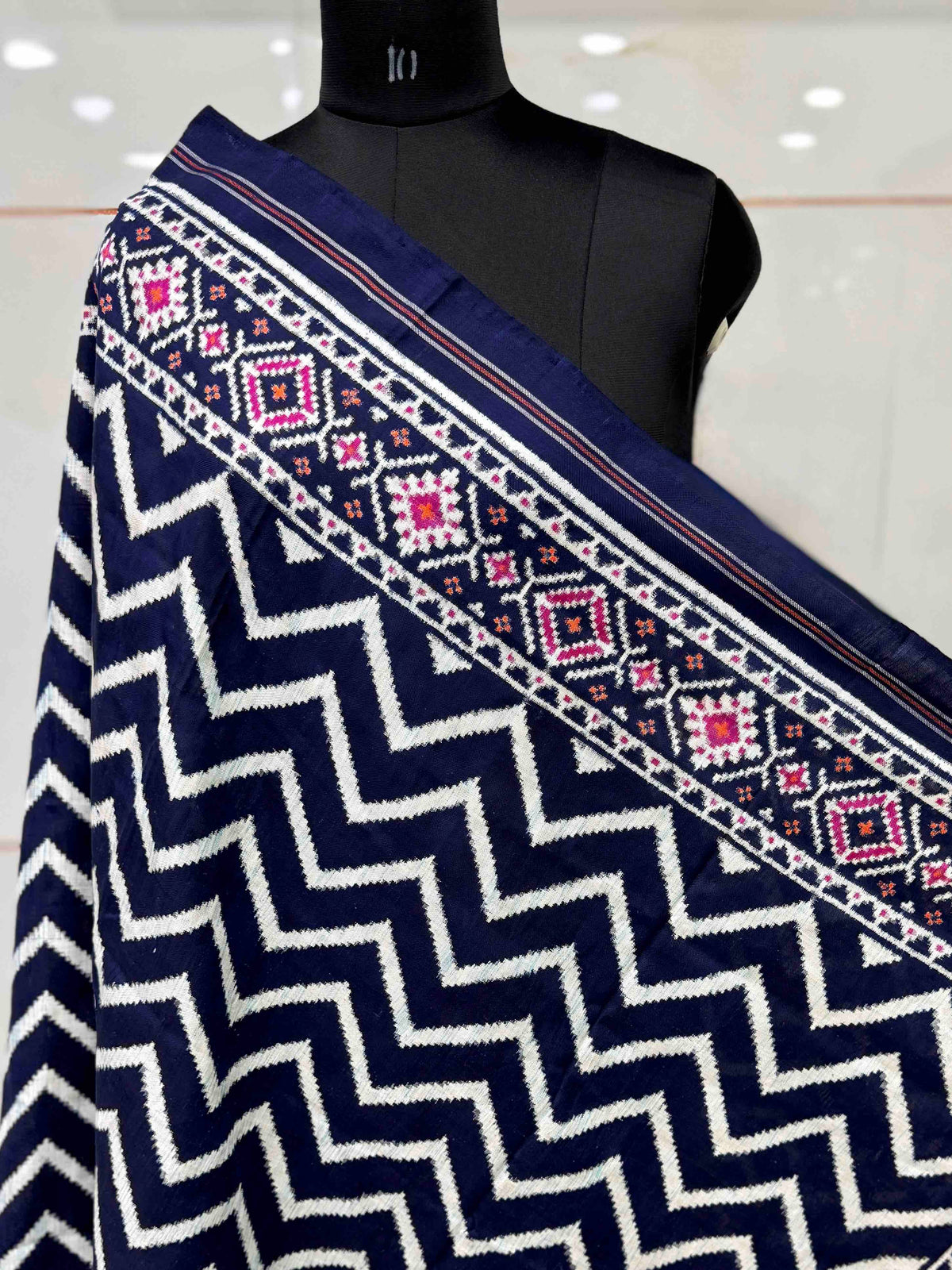 Dark Blue & White Zig Zag Double Ikat Patan Patola Dupatta