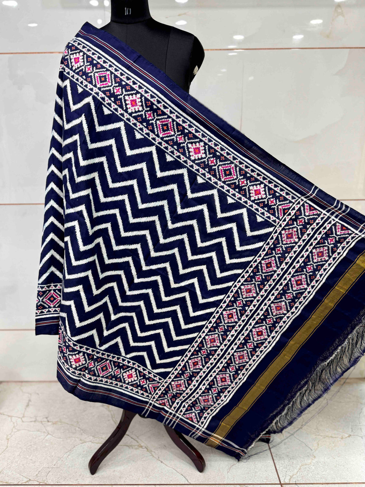 Dark Blue & White Zig Zag Double Ikat Patan Patola Dupatta