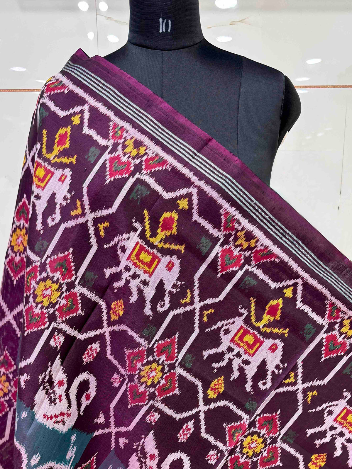 Dark Wine Purple Narikunj Star Semi Double Ikat Patola Dupatta