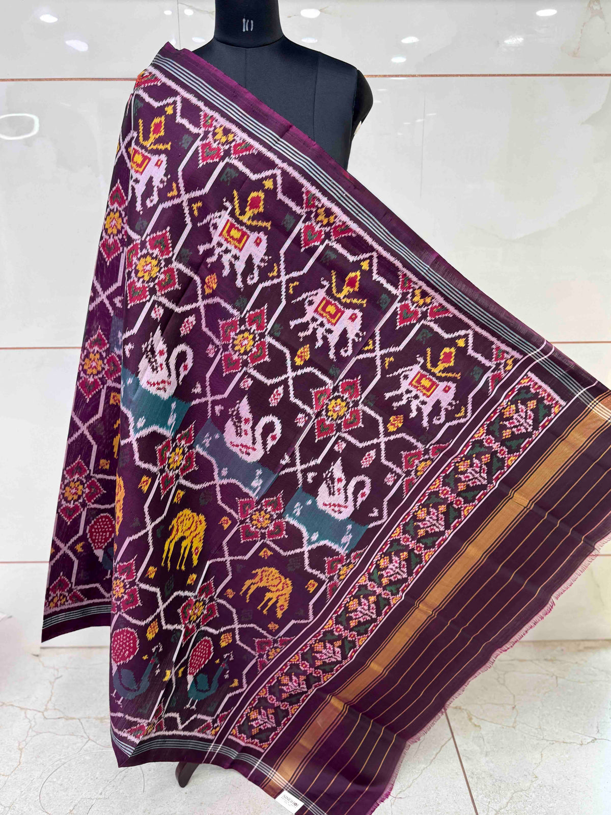Dark Wine Purple Narikunj Star Semi Double Ikat Patola Dupatta
