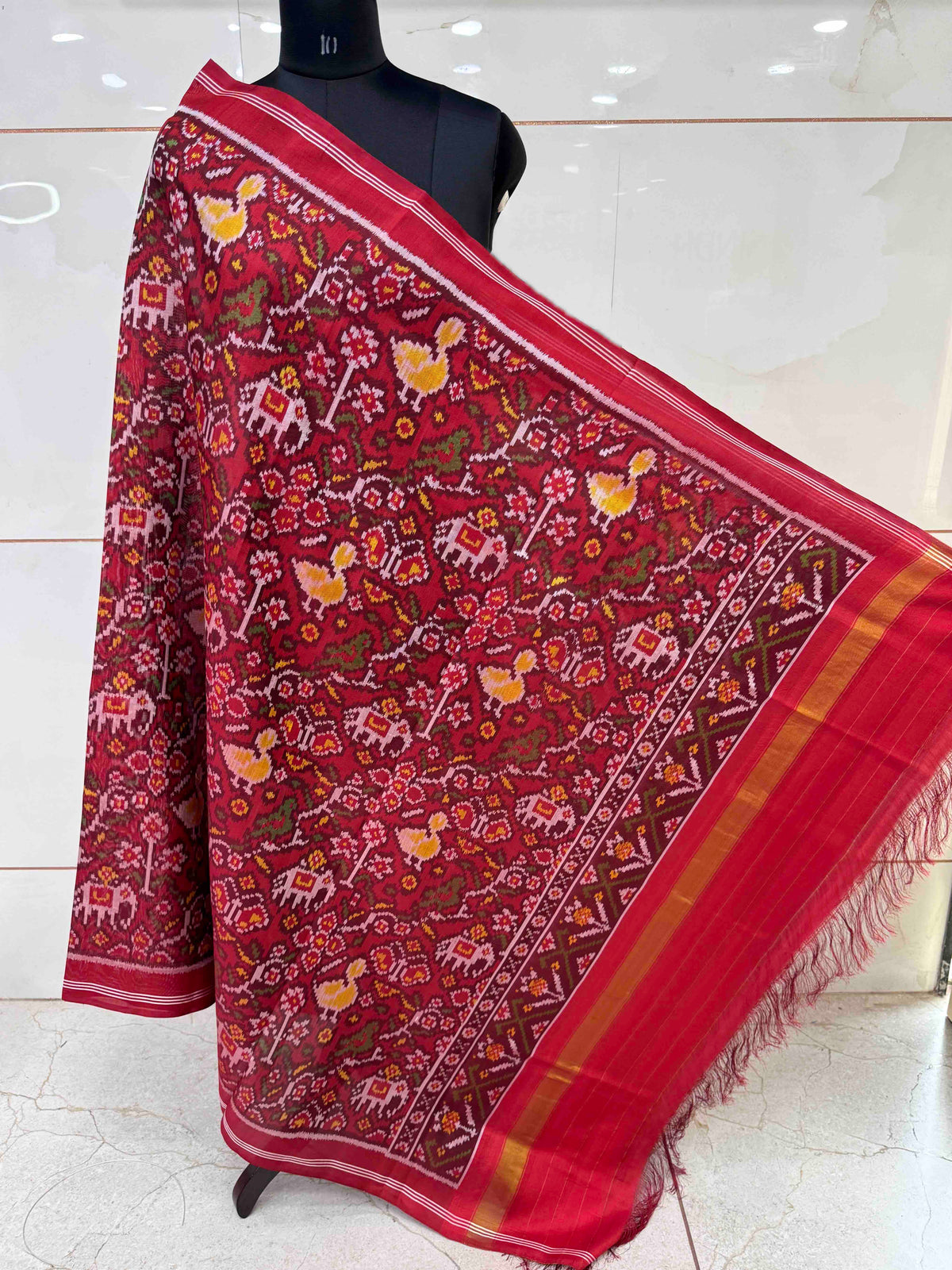 Red Fancy Flower Narikunj Semi Double Ikat Patola Dupatta