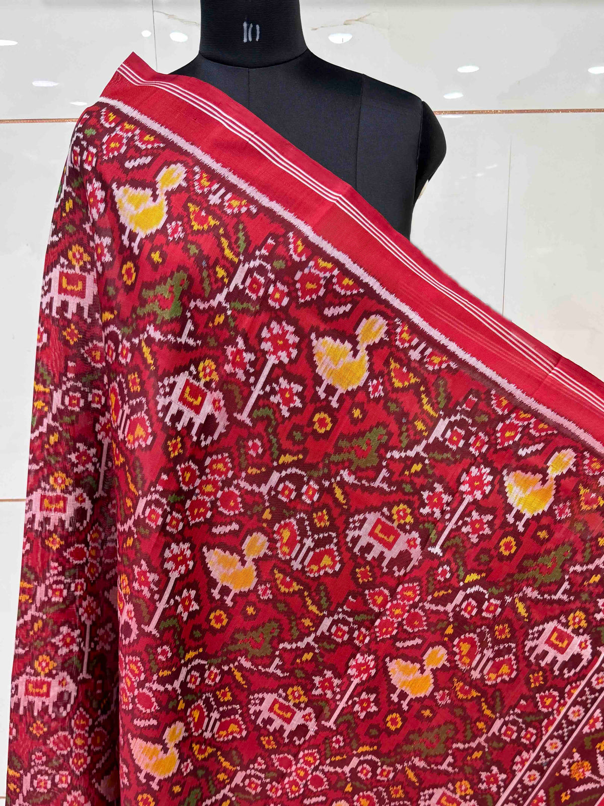 Red Fancy Flower Narikunj Semi Double Ikat Patola Dupatta