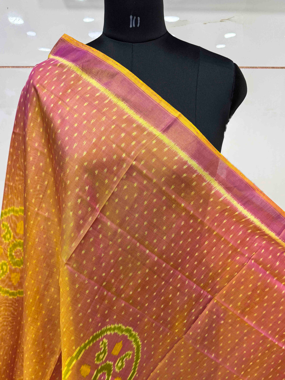 Peach Golden Booty with Circle Fancy Single Ikat Patola Dupatta