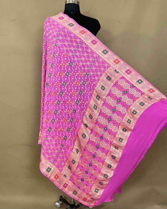 Baby Pink Meenakari Georgette Bandhani Dupatta - SindhoiPatolaArt