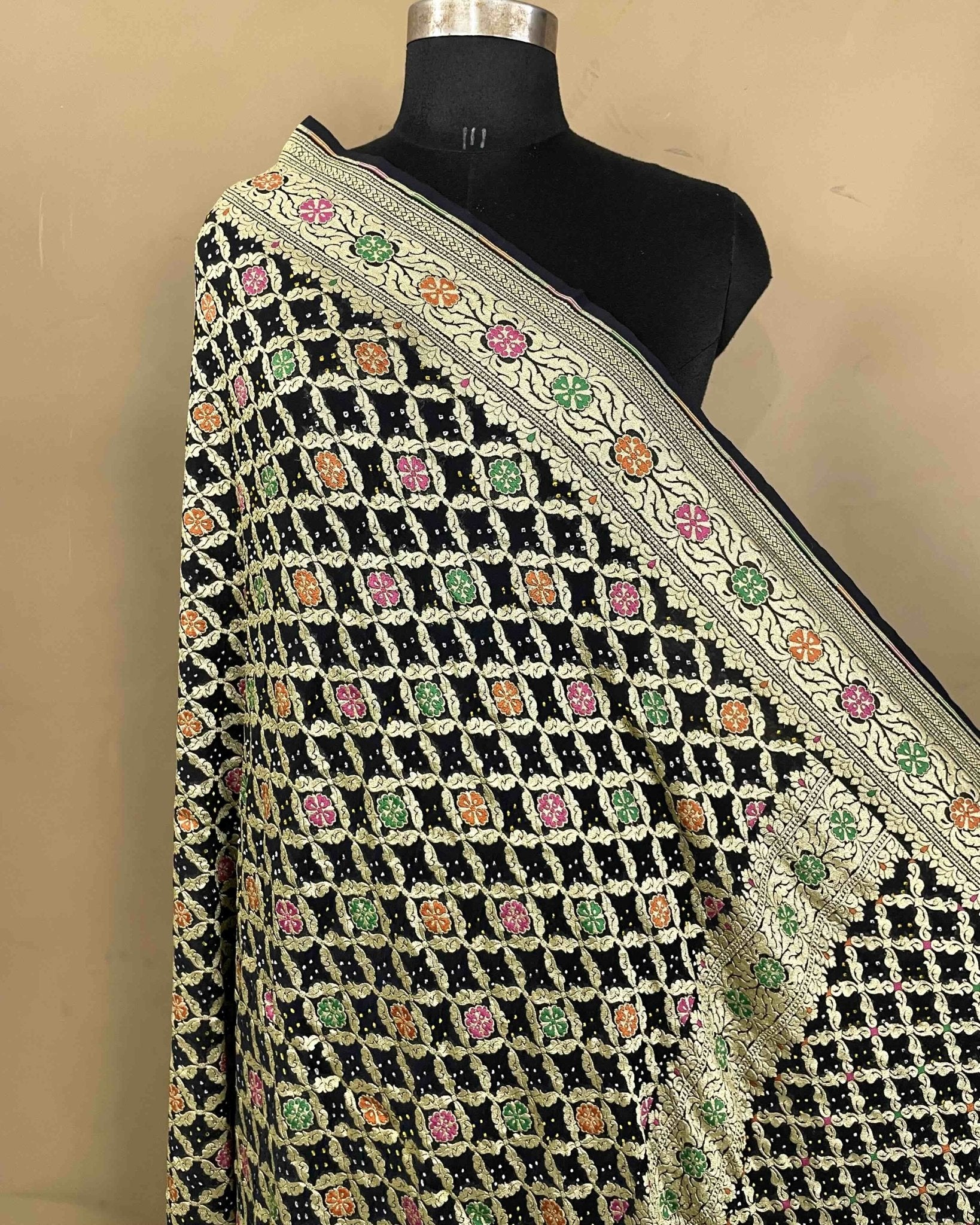 Black Meenakari Georgette Bandhani Dupatta - SindhoiPatolaArt