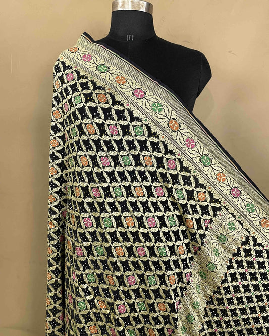 Black Meenakari Georgette Bandhani Dupatta - SindhoiPatolaArt