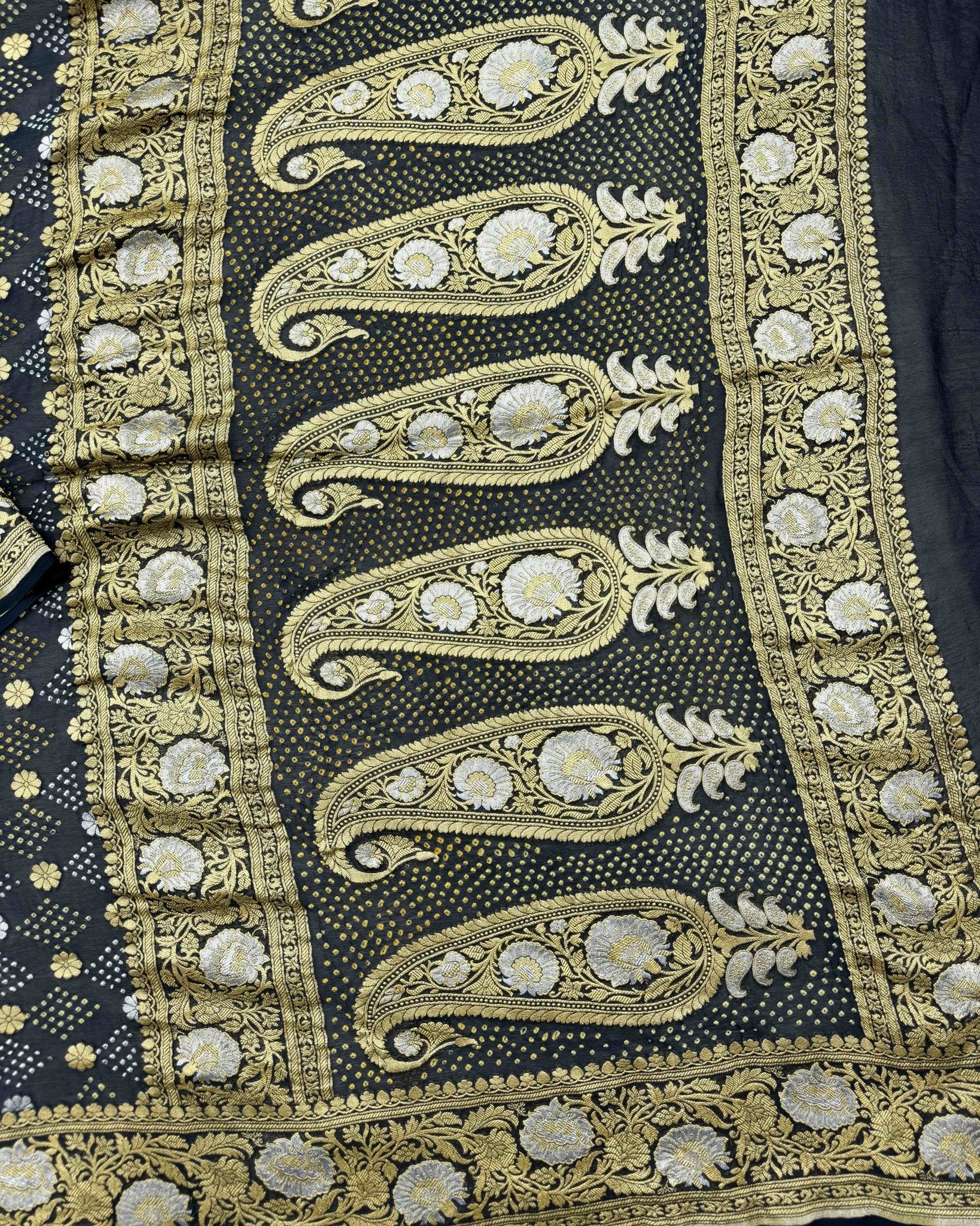 Black & Rama Blue Shaded Banarasi Georgette Bandhani Saree - SindhoiPatolaArt