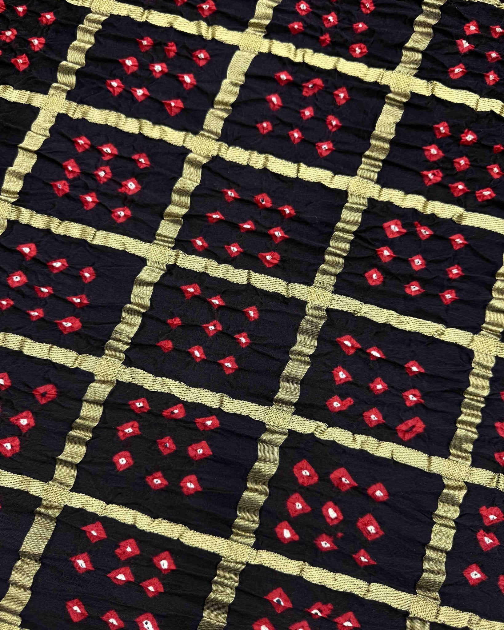 Black Zari Chex Gajji Silk Bandhani Saree - SindhoiPatolaArt