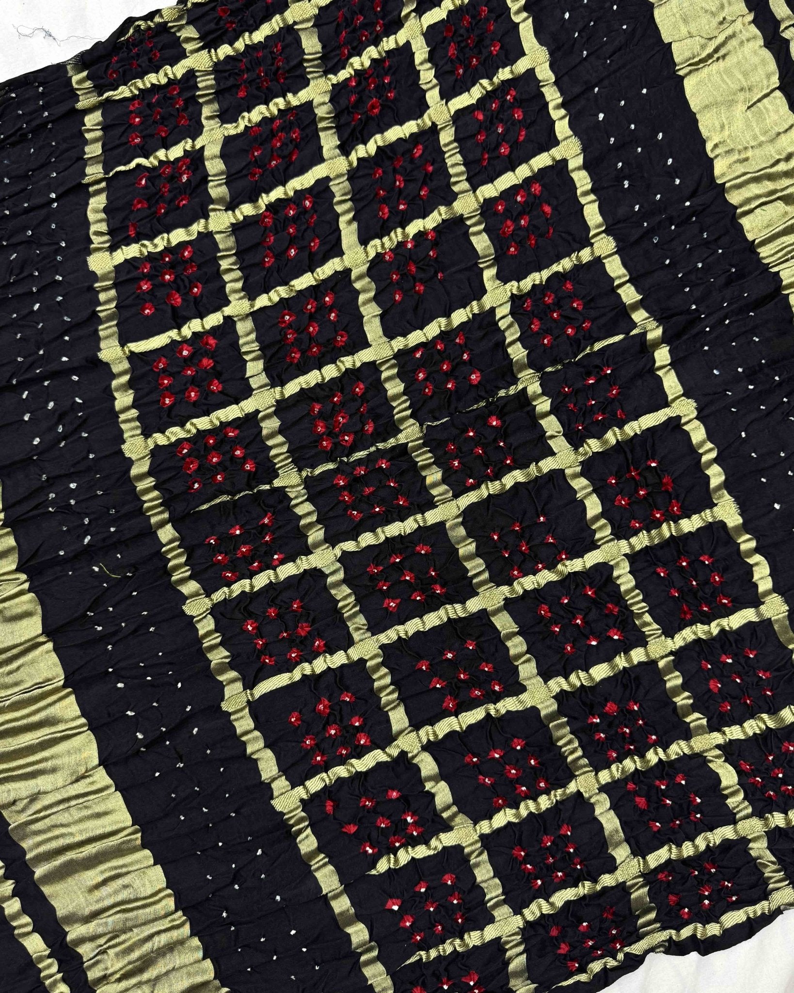 Black Zari Chex Gajji Silk Bandhani Saree - SindhoiPatolaArt