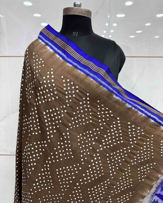 Blue & Brown Bandhani Patola Dupatta - SindhoiPatolaArt