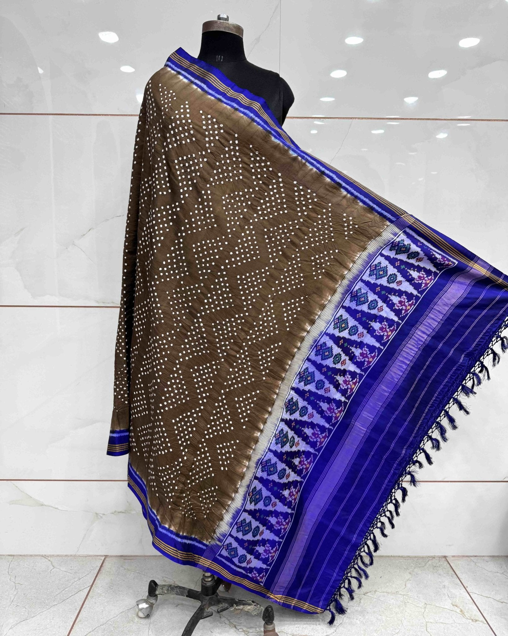 Blue & Brown Bandhani Patola Dupatta - SindhoiPatolaArt
