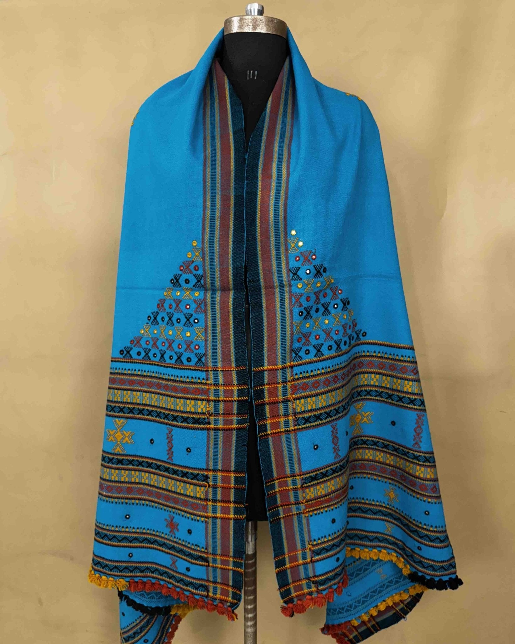 Blue Butta Mirror & Corner Mirror Kutchi Woolen Shawl - SindhoiPatolaArt