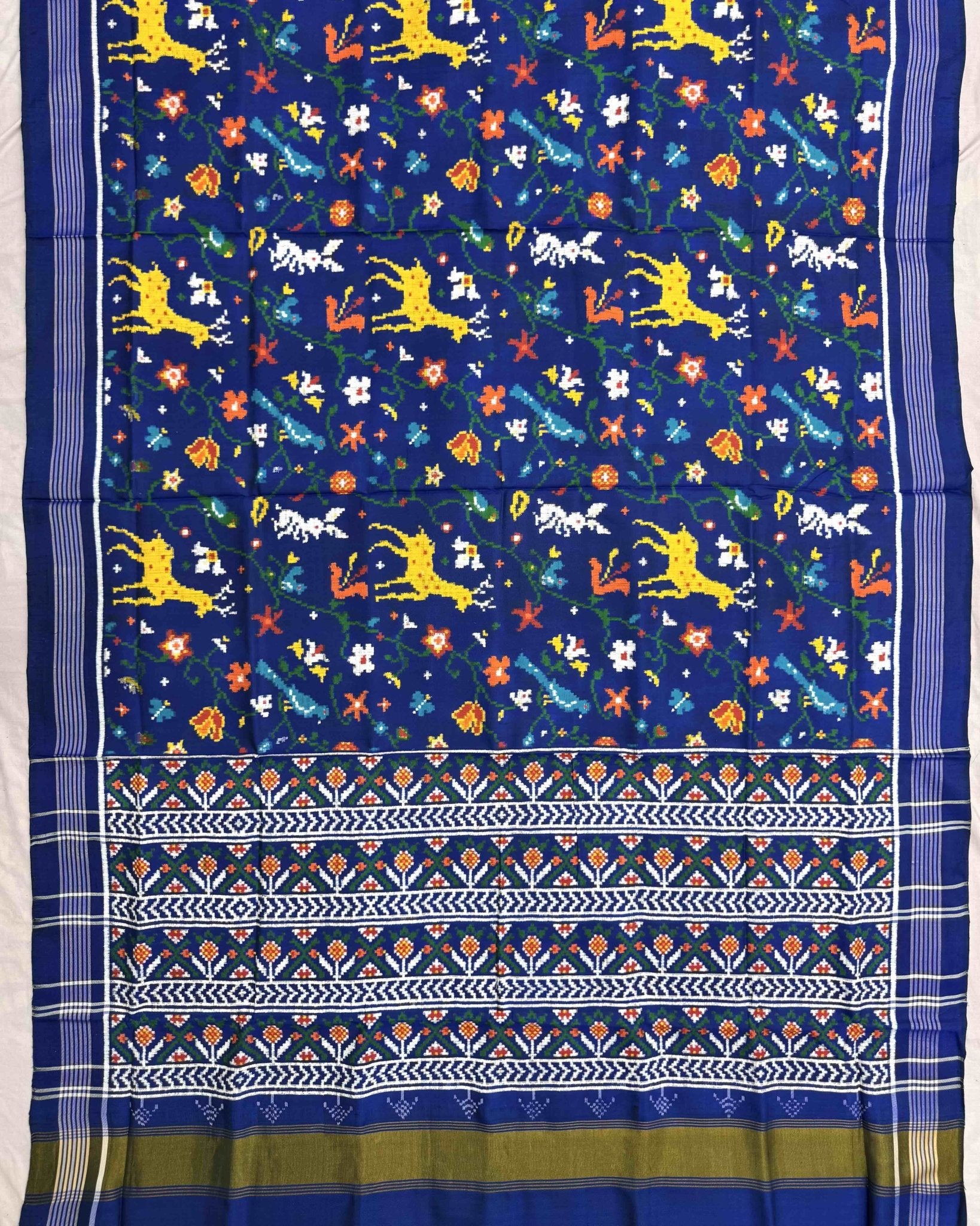 Blue Fancy Bird & Deer Double Ikat Patola Saree - SindhoiPatolaArt