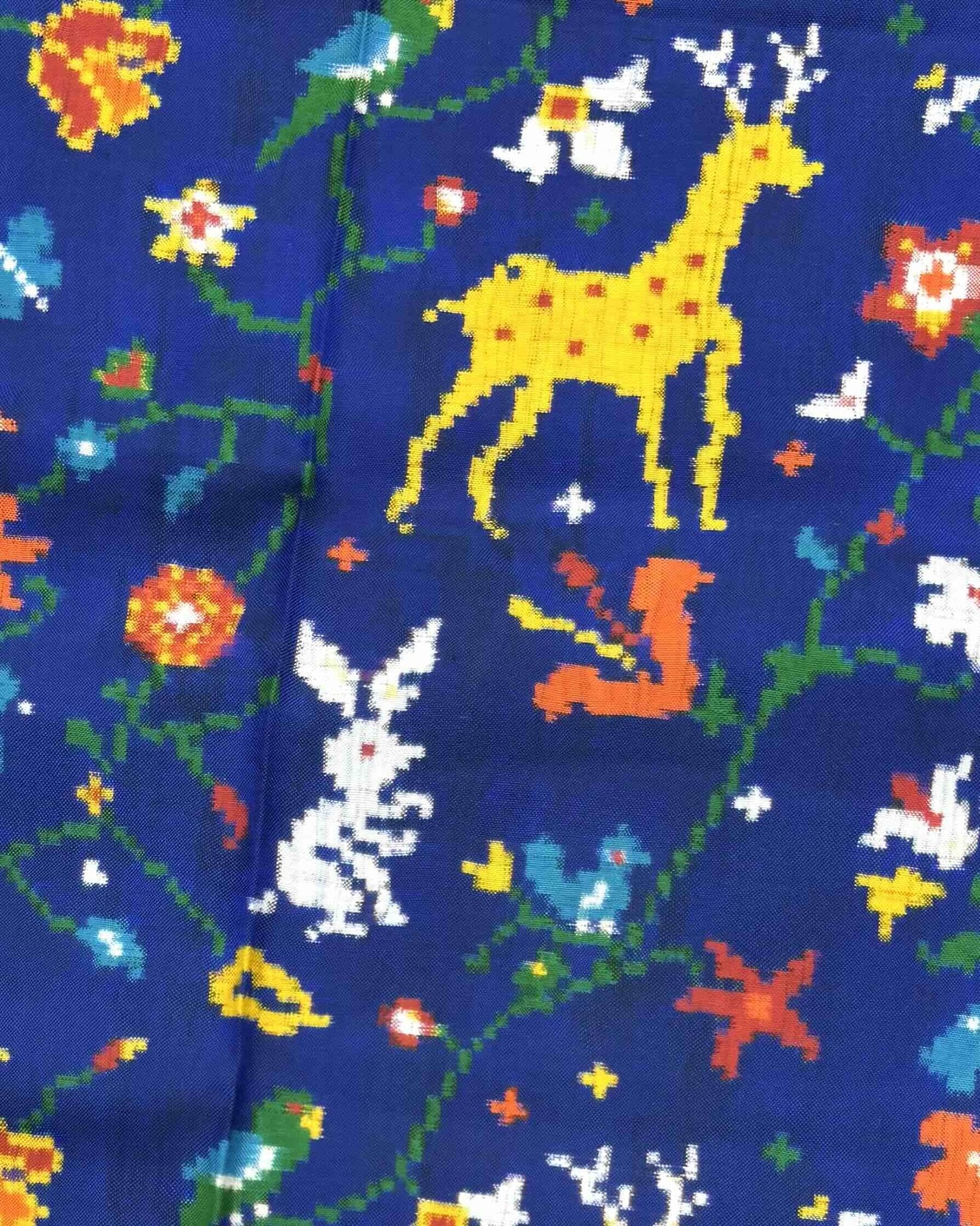 Blue Fancy Bird & Deer Double Ikat Patola Saree - SindhoiPatolaArt