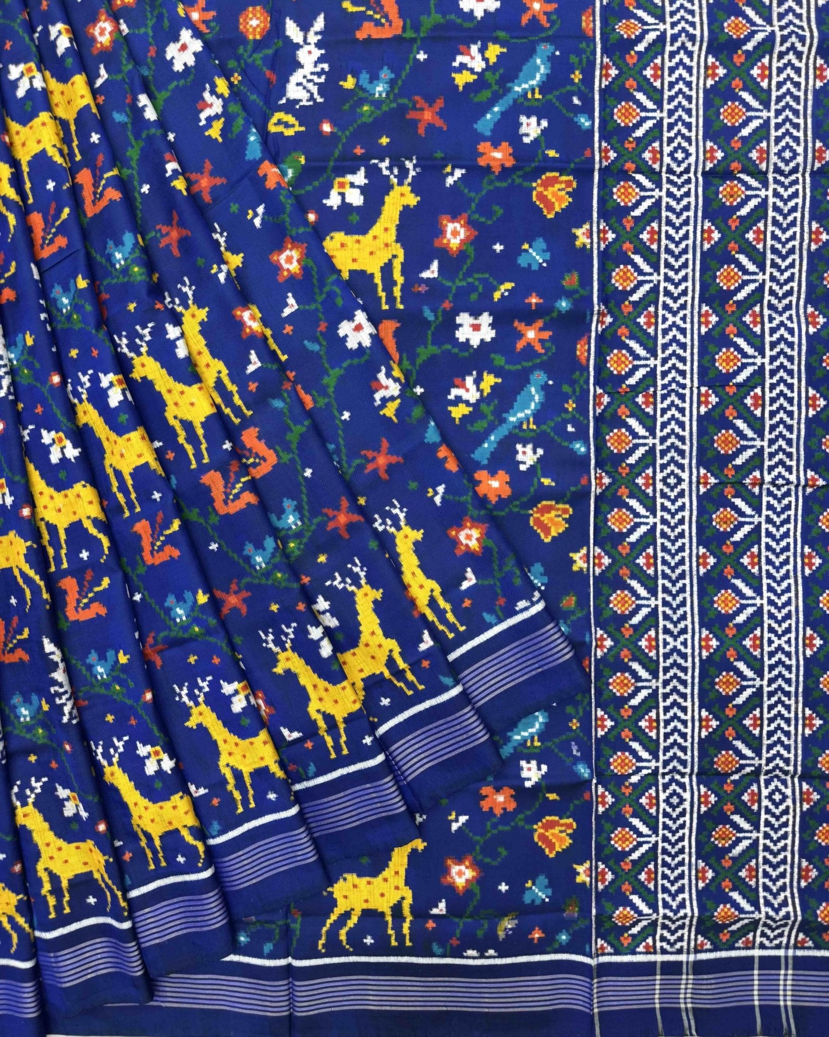 Blue Fancy Bird & Deer Double Ikat Patola Saree - SindhoiPatolaArt