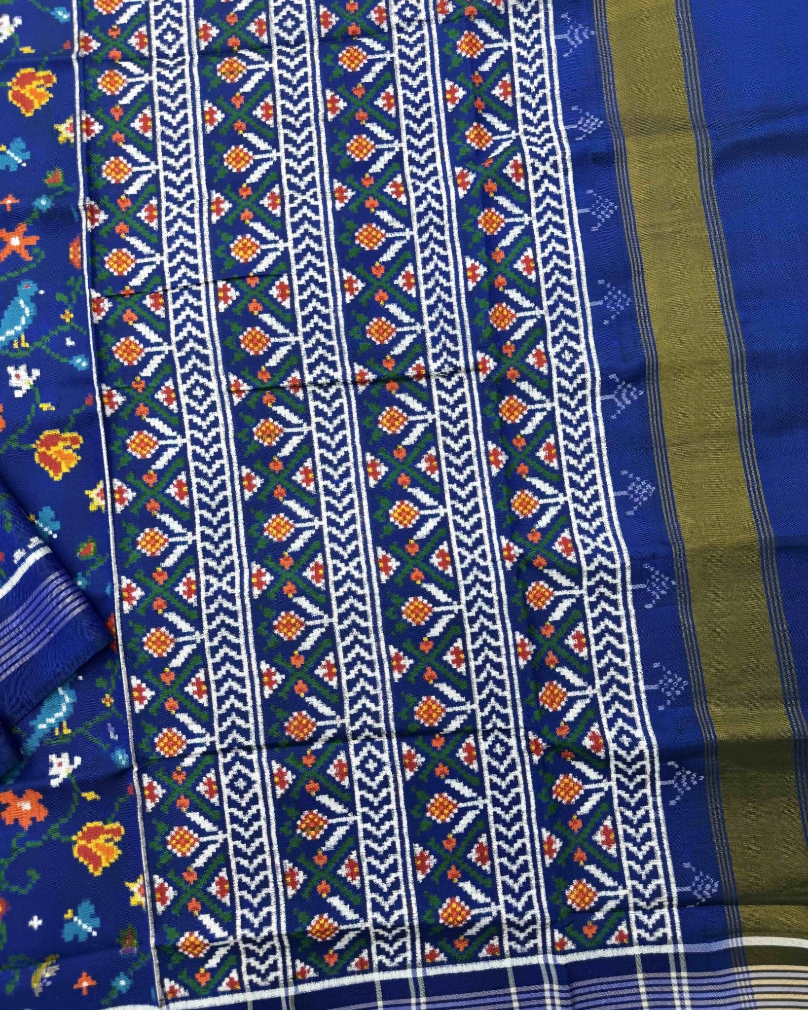 Blue Fancy Bird & Deer Double Ikat Patola Saree - SindhoiPatolaArt