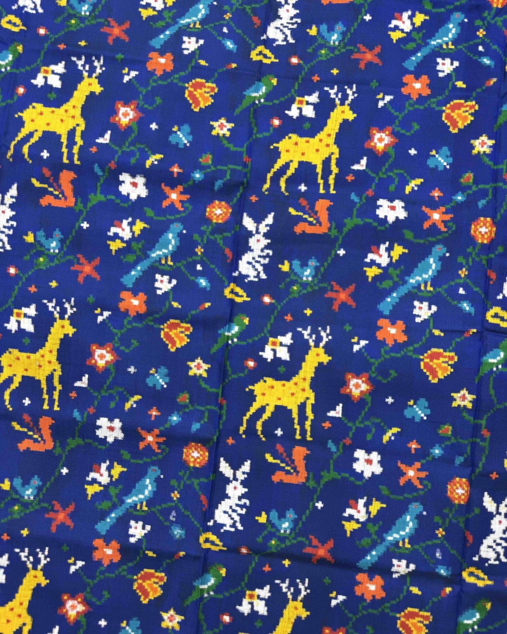 Blue Fancy Bird & Deer Double Ikat Patola Saree - SindhoiPatolaArt
