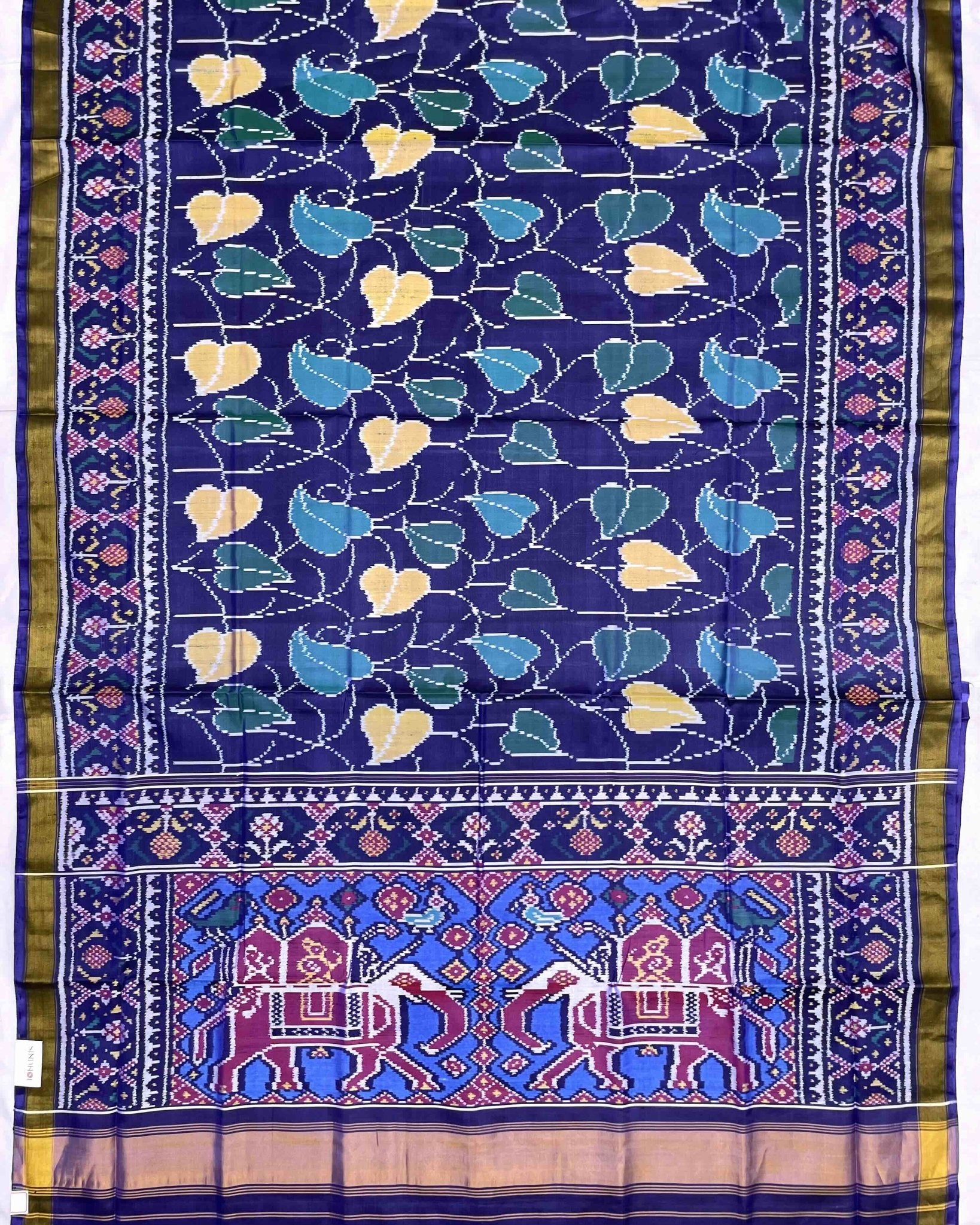 Blue Fancy Leaves Patola Saree - SindhoiPatolaArt