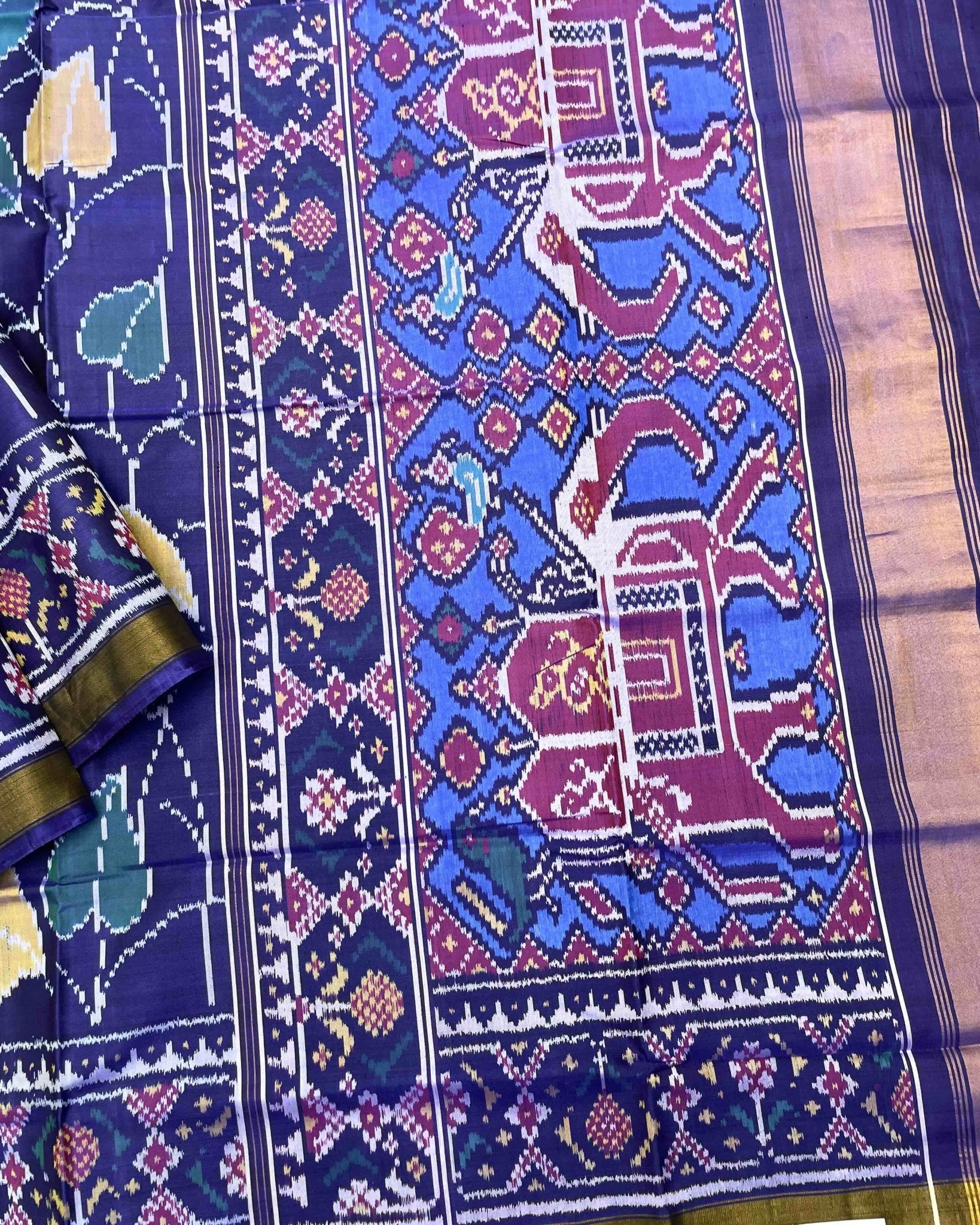 Blue Fancy Leaves Patola Saree - SindhoiPatolaArt