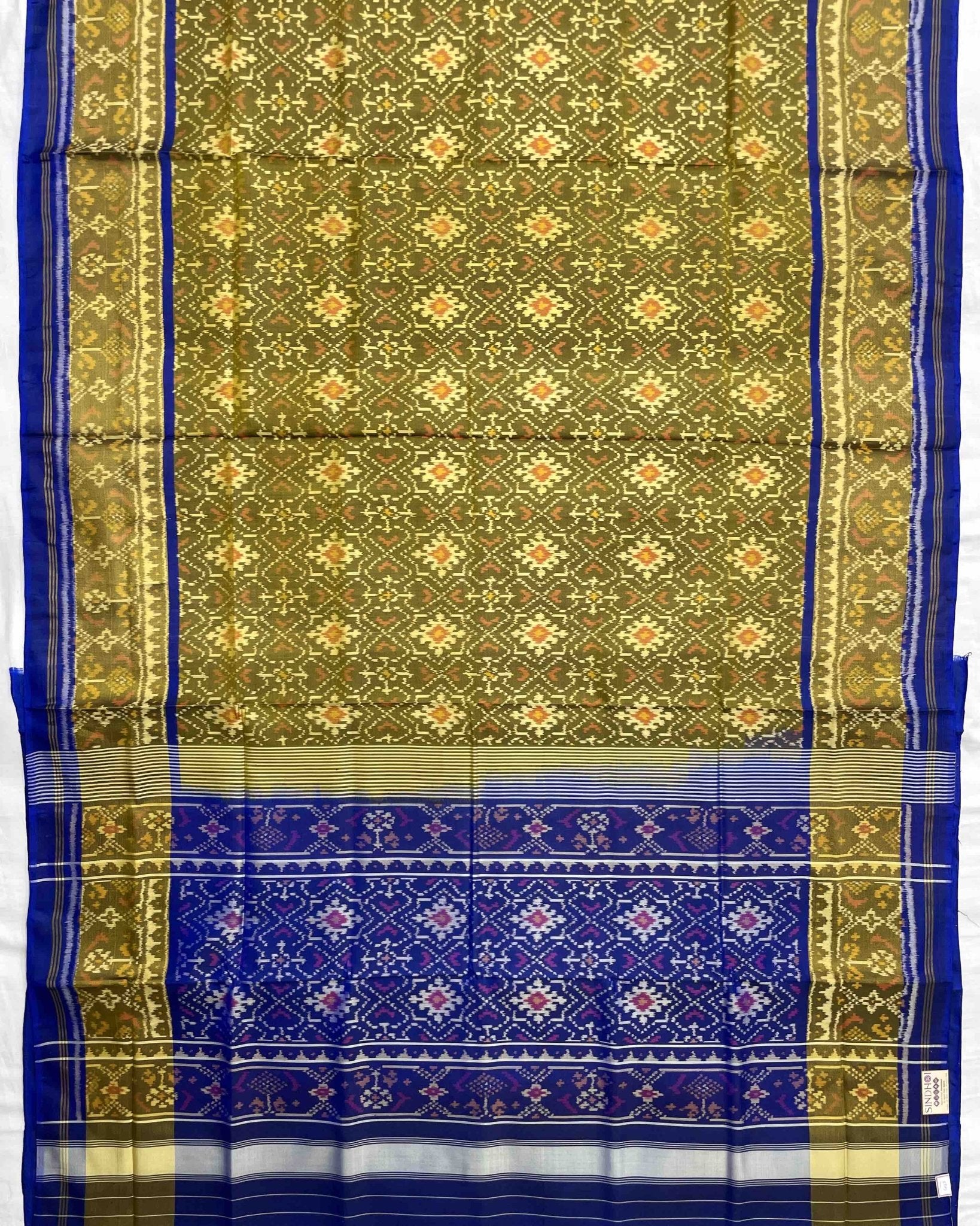 Blue & Mehendi Panchanda Designer Patola Saree - SindhoiPatolaArt