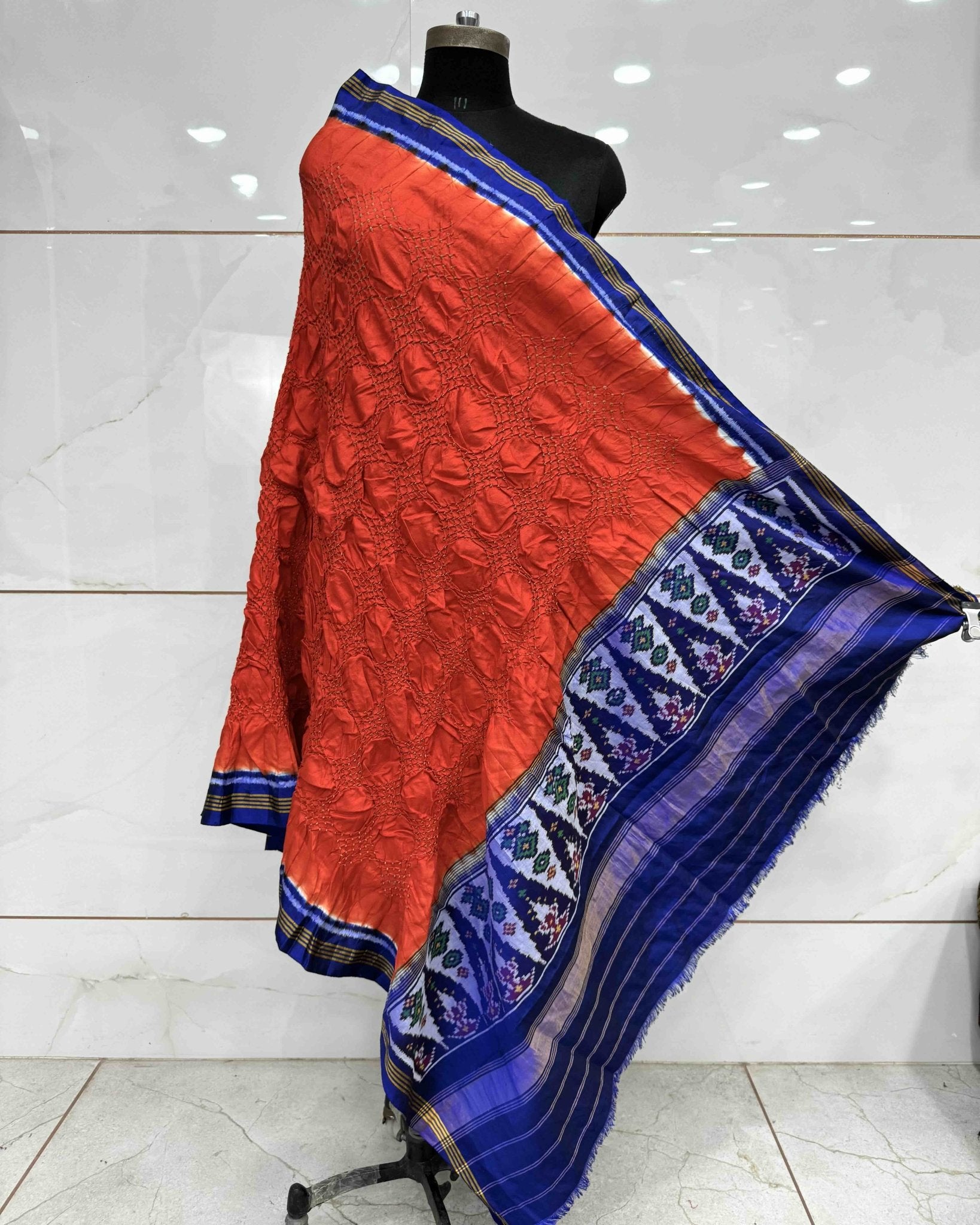 Blue & Orange Bandhani Patola Dupatta - SindhoiPatolaArt